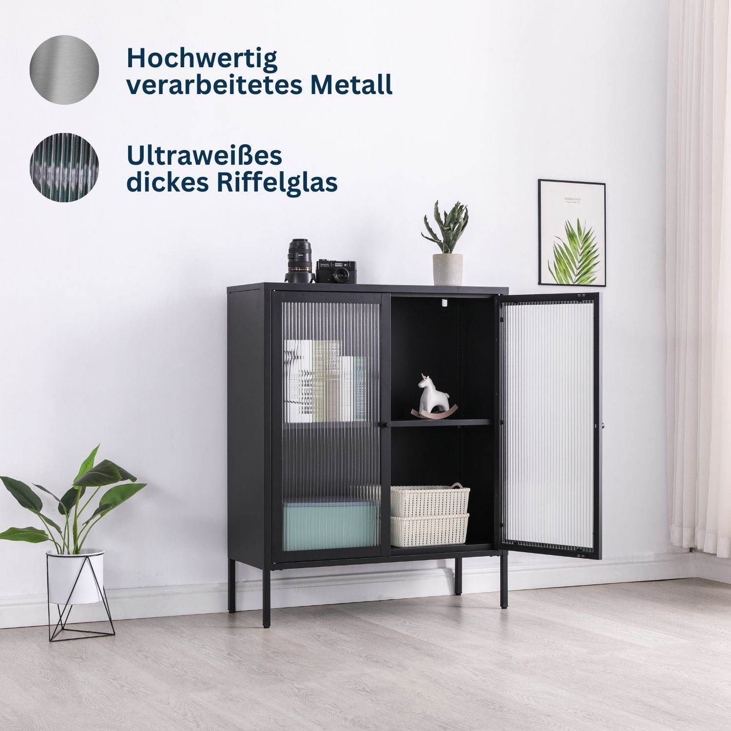 Coemo Highboard TOKIO, Schwarz Metall, Vitrine Wohnzimmer 2 Glastüren modernes Sideboard