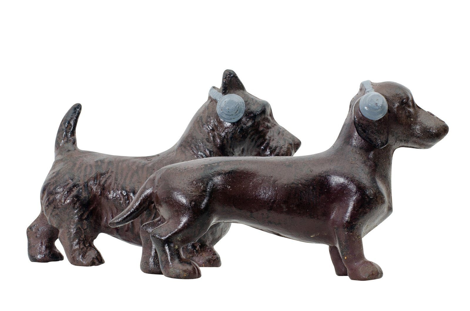 Aubaho Dekofigur 2x Eisenfigur Dachshund Terrier Hund Kopfhörer Figur Skulptur Eisen An