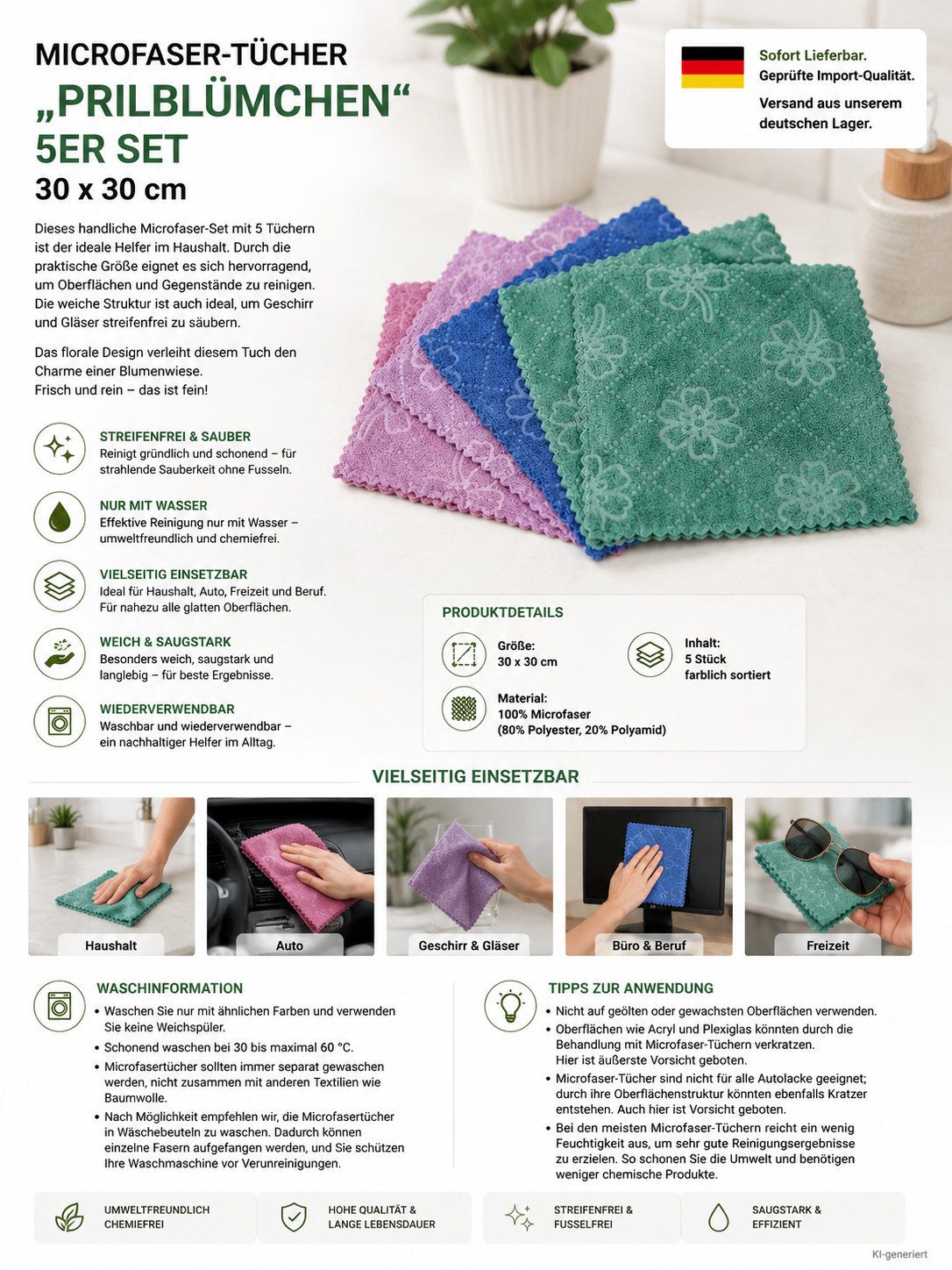 HH-Haushalt Microfasertücher 5 Stück 30 x 30 cm Prilblümchen für Haushalt & Auto Reinigungstücher – Bild 2 von 2