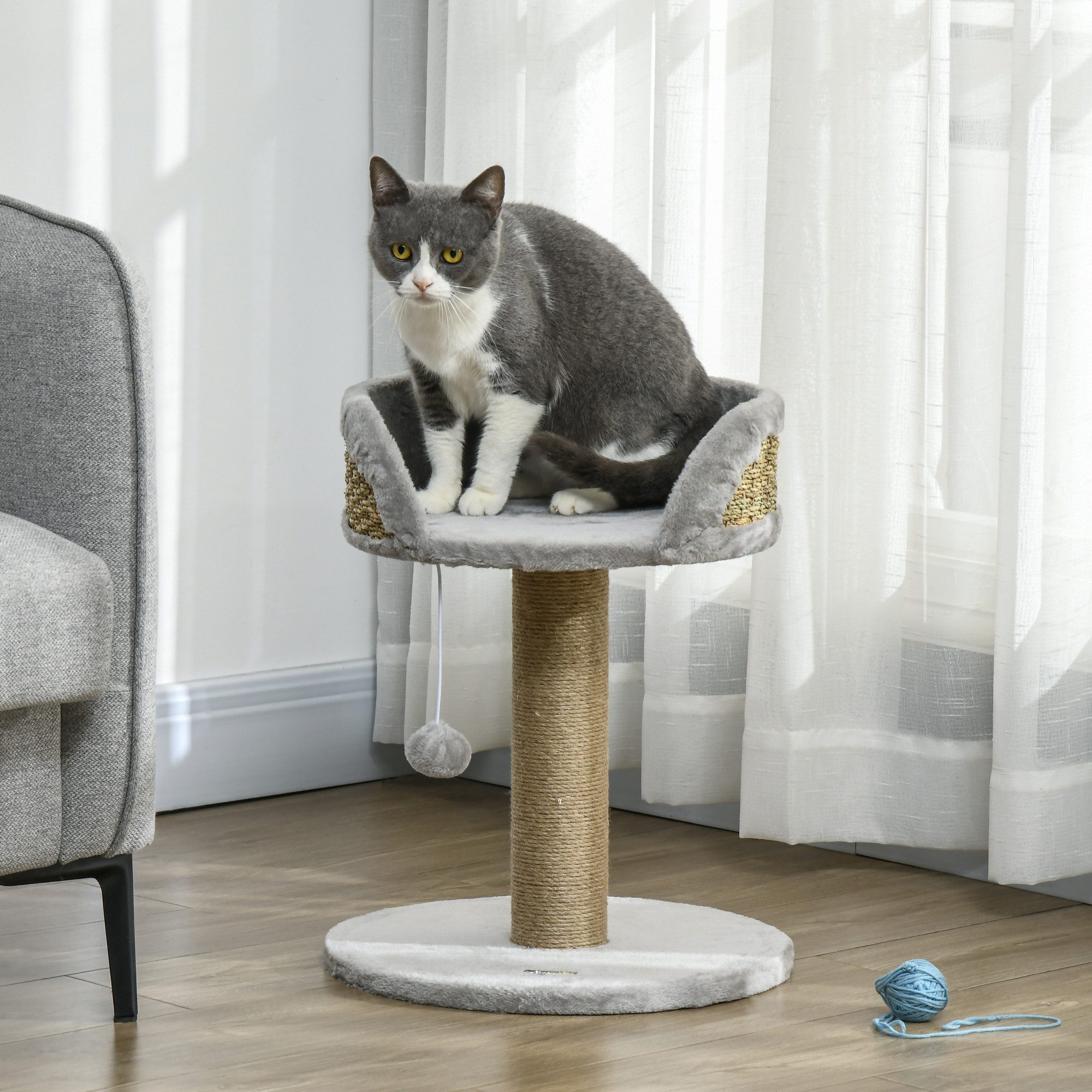 PawHut Kratzbaum Kleiner Katzenturm mit Spielball, Sisalstämme, Katzenkratzbaum, Kletterbaum für Katzen bis 4 kg Grau
