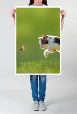 Sinus Art Poster Tierfotografie 60x90cm Poster Kätzchen auf der Jagd nach Schmetterling