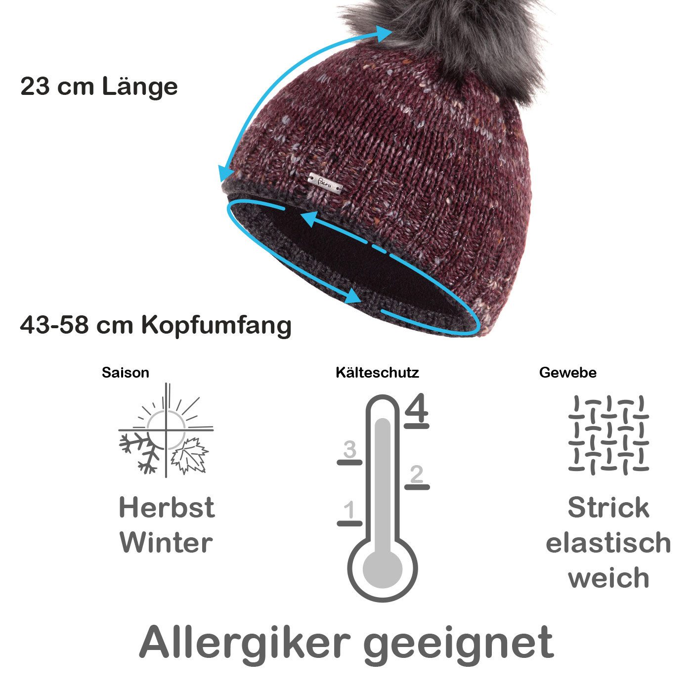Faera Bommelmütze Wintermütze Damen Herren Mütze Beanie Haube gefüttert Bommelmütze 15