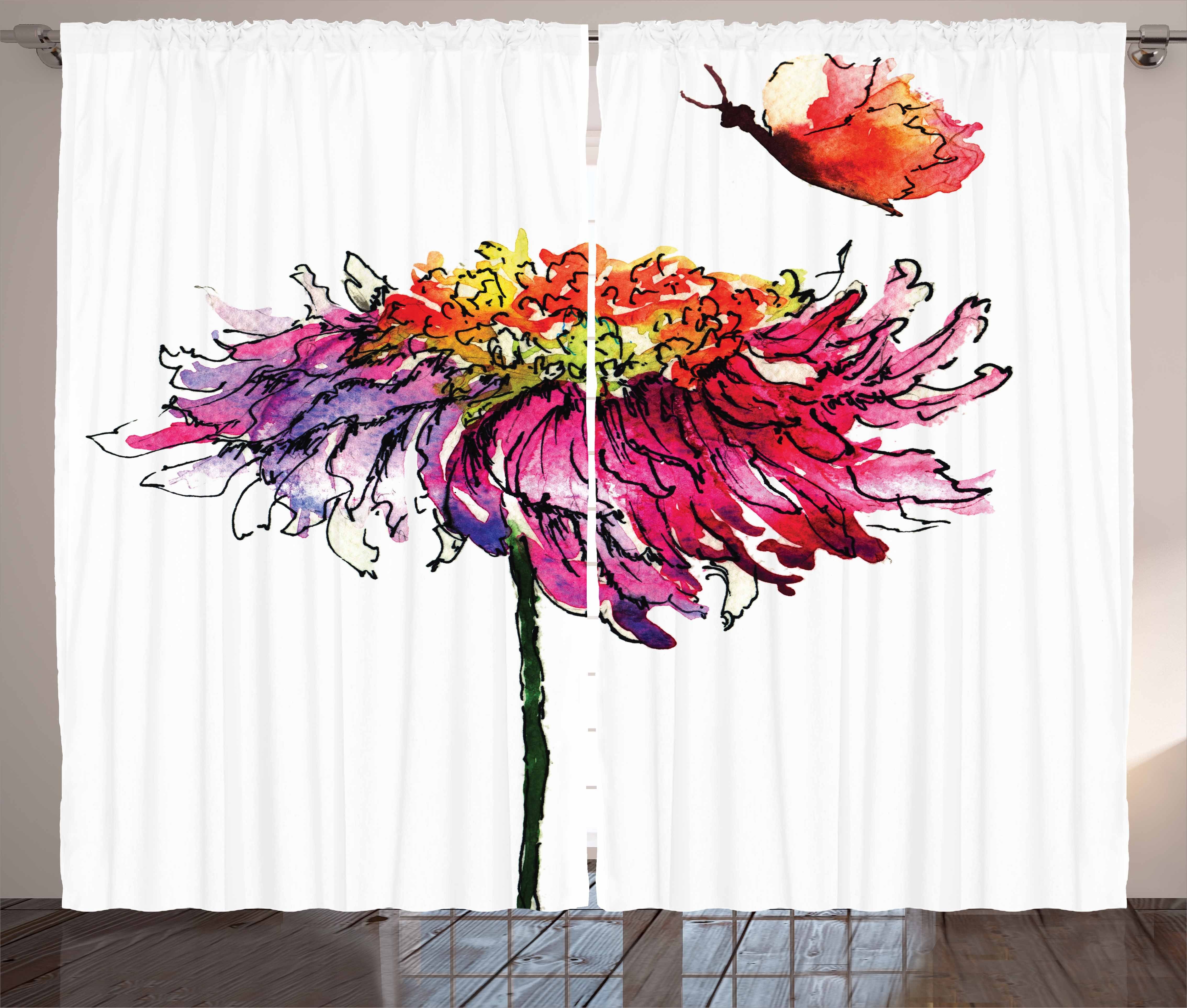 Gardine Schlafzimmer Kräuselband Vorhang mit Schlaufen und Haken, Abakuhaus, Aquarell Chrysantheme-Blumen
