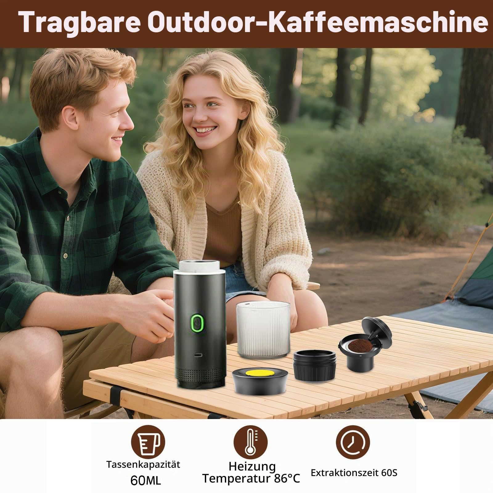 Topcony Reisekaffeemaschine Tragbare Espressomaschine für Kapseln/Pulver/Tee, 0.06l Kaffeekanne, Kompatibel mit kapsel und gemahlener Kaffee