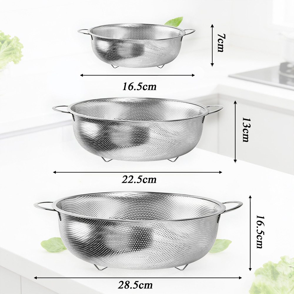 TUWENA Küchensieb 3 Stück Edelstahl Küchensieb, Mikroperforiertes Nudelsieb mit Griffen, Sieb 3er-Set,Spülmaschinenfest-16.5/22.5/28.5cm für Nudeln Obst Reis