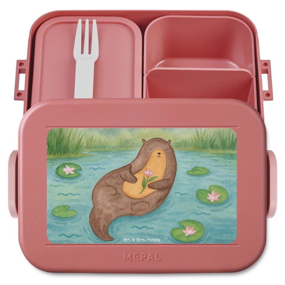 Mr. & Mrs. Panda Butterdose Otter Seerose Design, Bento Box, Rot Pastell, Wasser, Bentobox, Snack, Polypropylen lebensmittelecht, (Packung), Wasser Bento-Brotdose Fluss