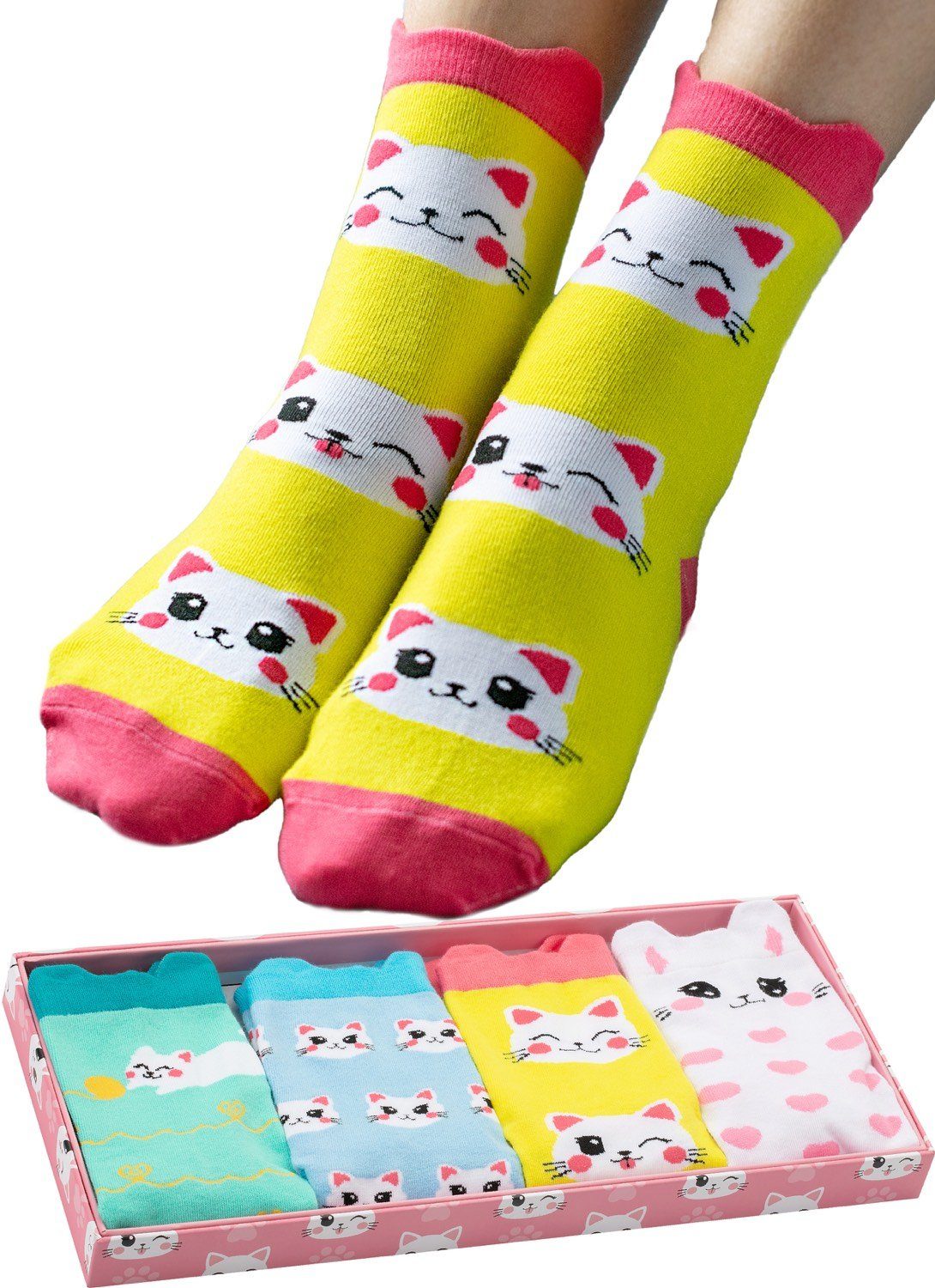 Kawaii Set 4er Katzen Lustige Socken Geschenk) bunte 4-Paar, Corimori (Packung, Geschenk-Verpackung Haussocken Witzige plastikfreier Baumwolle Strümpfe in