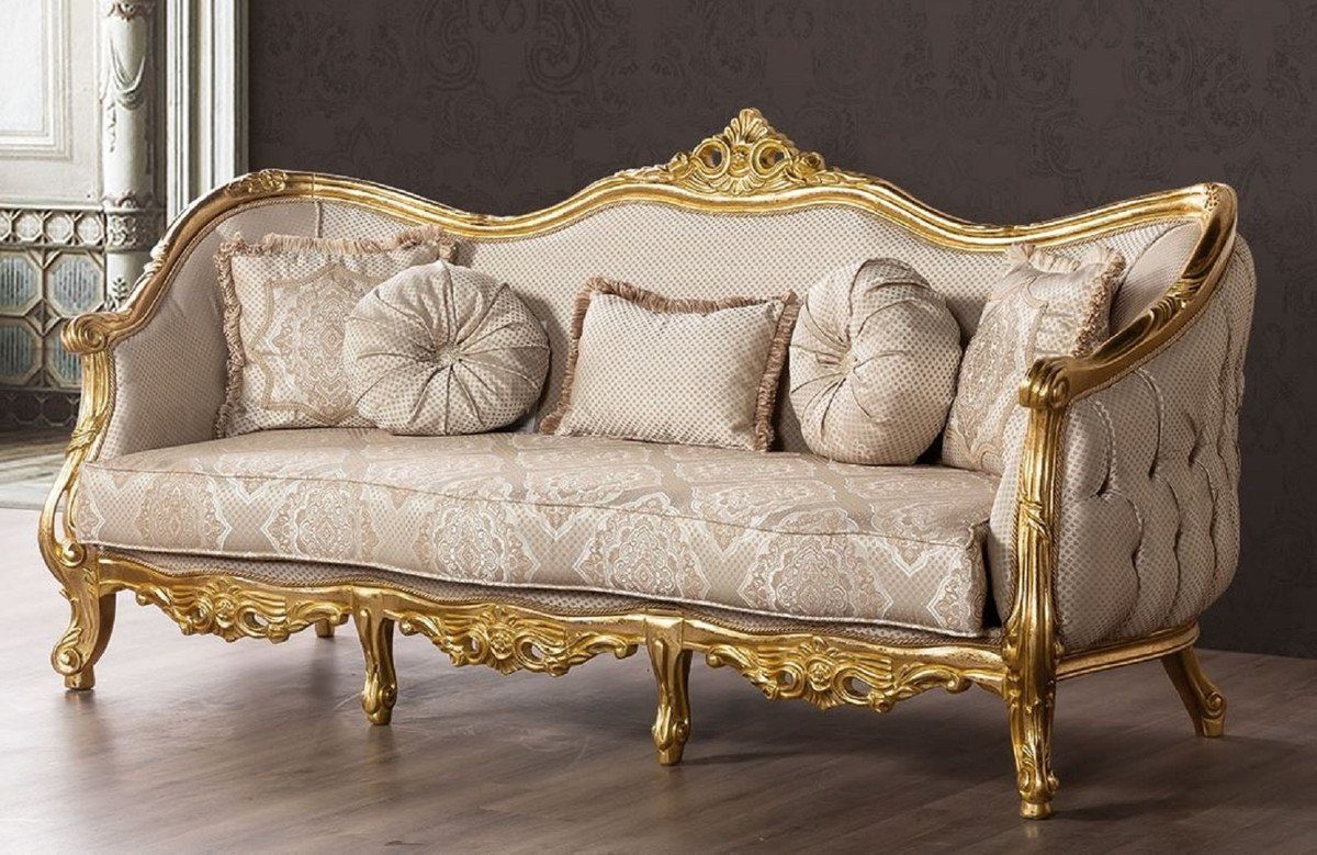 Casa Padrino Sofa Luxus Barock Sofa Beige / Gold - Prunkvolles Wohnzimmer Sofa mit Muster - Prunkvolle Barock Wohnzimmer Möbel