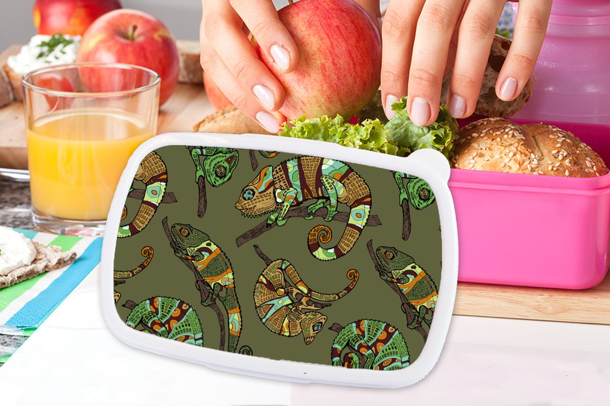 Muster Chamäleons, - - Erwachsene, (2-tlg), für Lunchbox Dschungel Snackbox, MuchoWow rosa Mädchen, Kinder, Kunststoff, Brotbox Brotdose Kunststoff