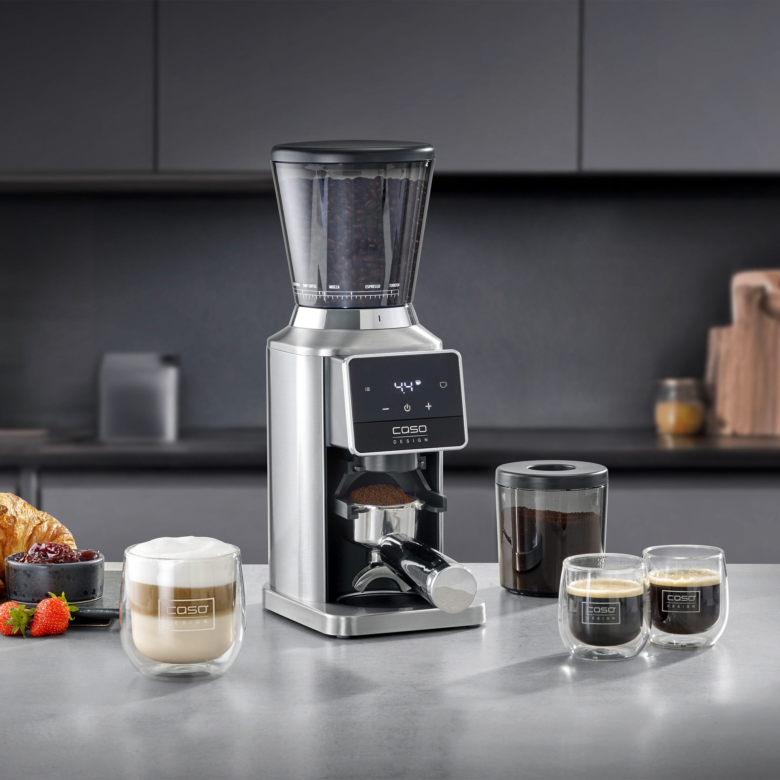 Caso Kaffeemühle BaristaChef Inox Pro, 180 W, Kegelmahlwerk, 320 g Bohnenbehälter, Zero Retention Technologie, Edelstahl-Kegelmahlwerk, 34 Mahlgradstufen silberfarben