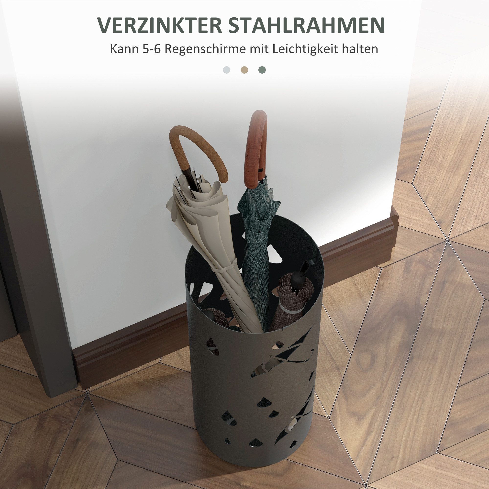 HOMCOM Schirmständer Regenschirmständer mit 4 Haken, Schirmhalter, Stahl, dunkelgrau (Schirmhalter für Gehstöcke, Regenschirme, 1 St., Stahl), Ø17 x 41 cm, Dunk – Bild 4 von 5