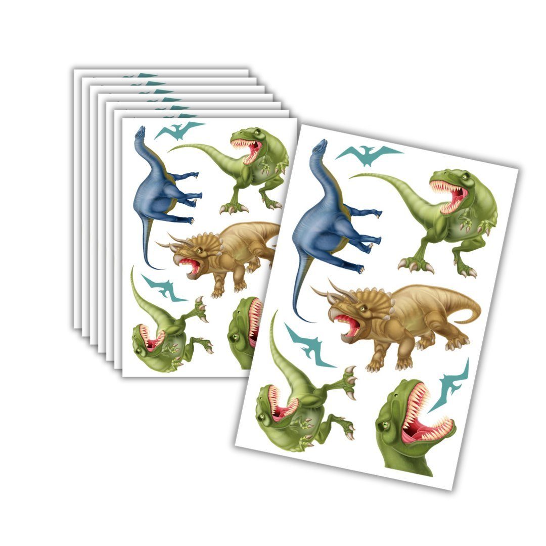 Partystrolche Kindertattoo 8 x Dino Tattoos, Mitgebsel für Kindergeburtstag, made in Germany, 8 Dino Tattoos im Set, hautfreundlich, abwaschbar, geprüft