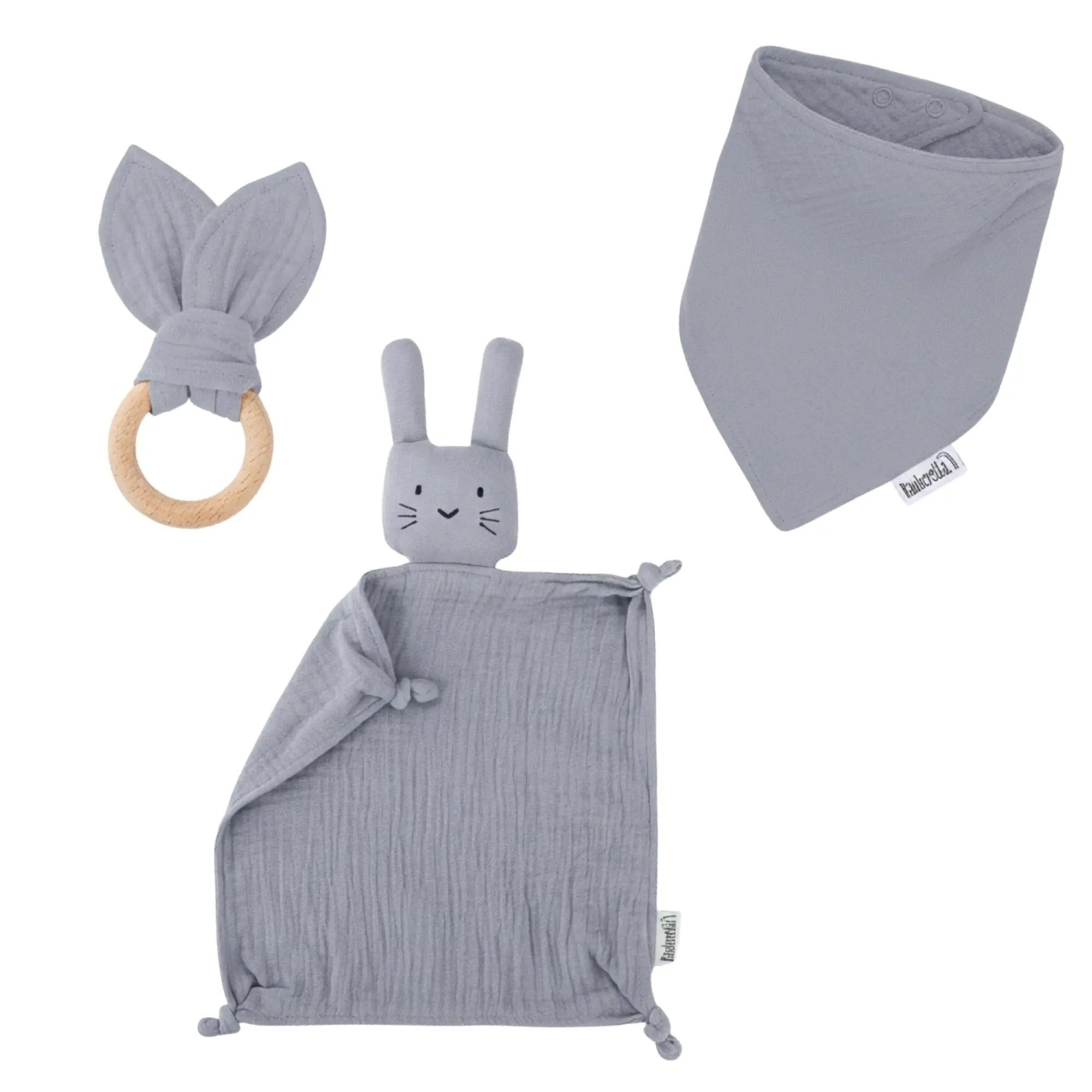 Räuberella Neugeborenen-Geschenkset Baby Geschenkset Grau-Blau, Schmusetuch, Holz-Beißring & Halstuch (3-tlg) 100% Bio-Musselin-Baumwolle, EN-71 zertifiziert, ab 40 Grad waschbar