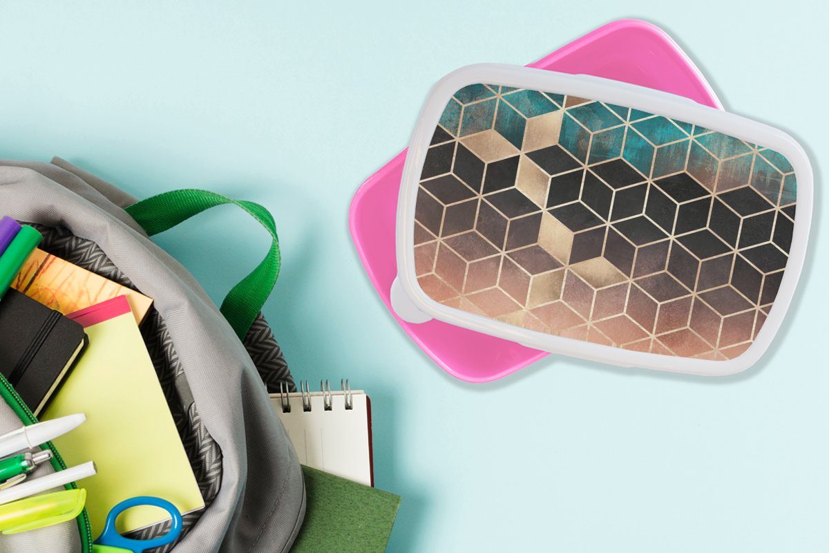 Brotbox - Brotdose Abstrakt Gold MuchoWow Luxus, Kunststoff, Erwachsene, Mädchen, - Kunststoff rosa (2-tlg), Muster Lunchbox - für Würfel Snackbox, Kinder, -