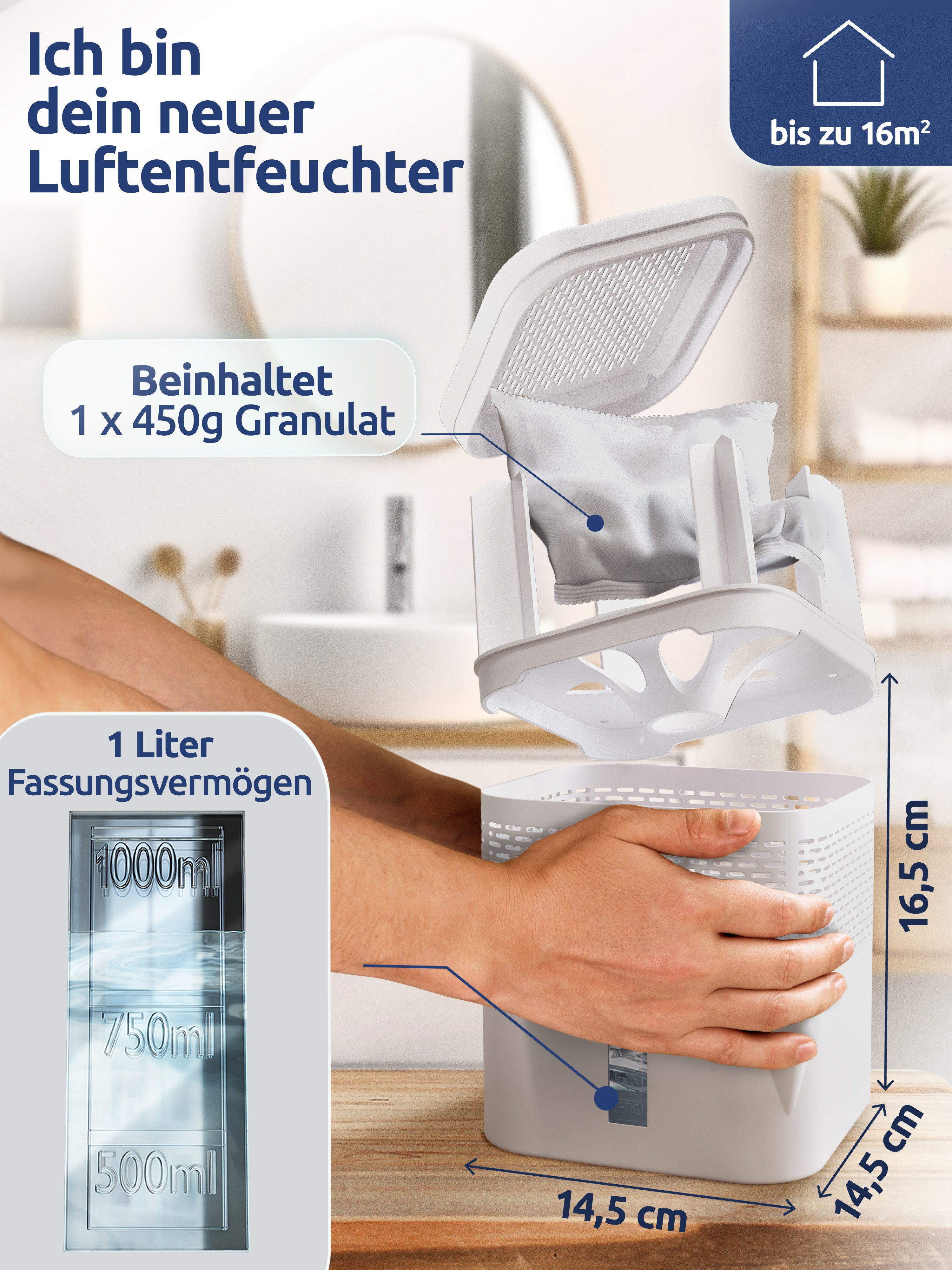 BonAura Luftentfeuchter ohne Strom, für 36 m³ Räume, 450g Granulat, Schutz gegen Schimmel und muffige Gerüche