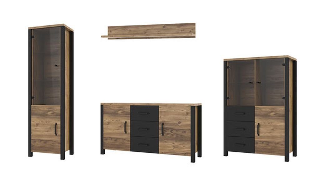 Helvetia Wohnwand Olin, (Set, 1 Vitrine - 1 Lowboard - 1 Highboard - 1 Wandregal), B/T/H: 304 cm / 24-43 cm / 191 cm