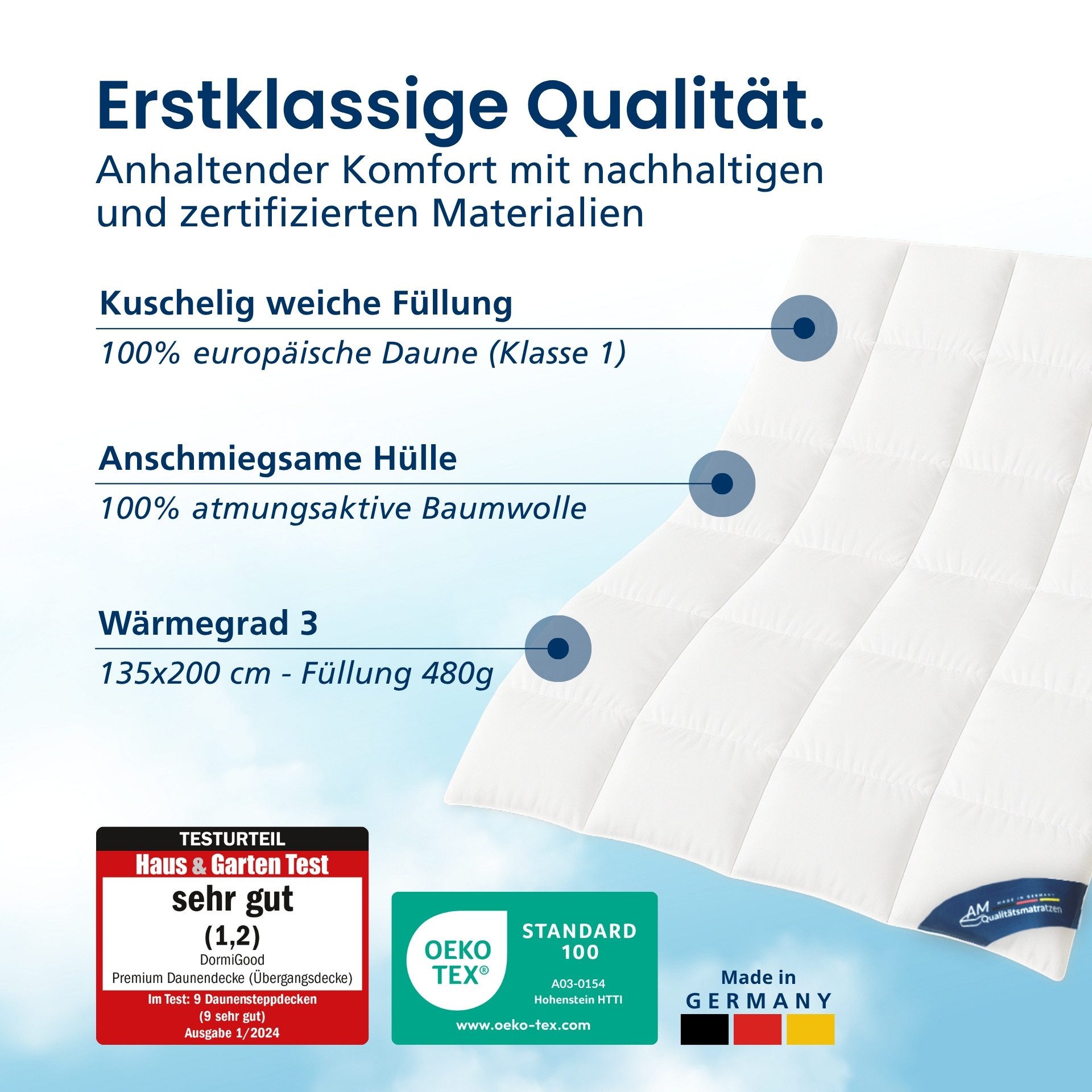 DormiGood Daunenbettdecke Premium Daunendecke, 100% Daunen, Bettdecke für den Übergang, Füllung: 100% Daunen (Klasse 1), Bezug: Inlay aus Baumwolle, 135x200 cm, – Bild 3 von 5