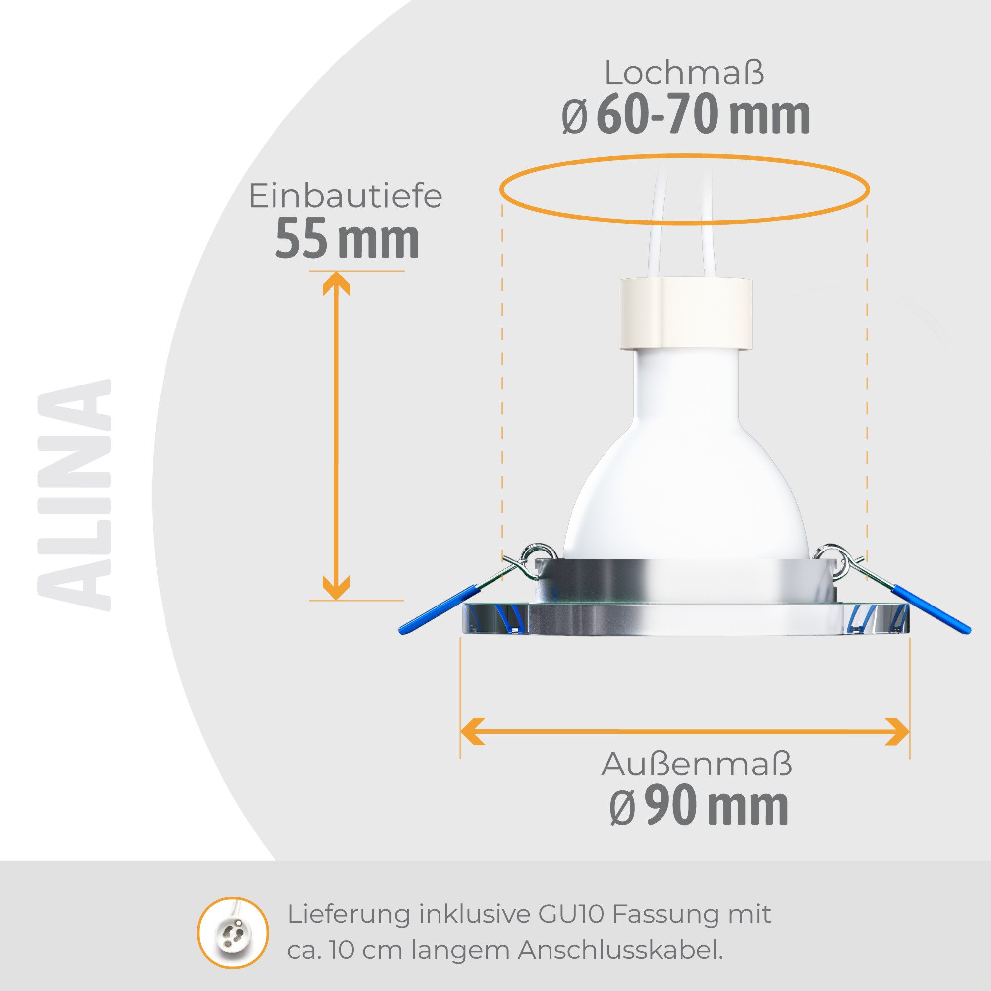 SSC-LUXon LED Einbaustrahler ALINA Einbauleuchte Glas rund 5W GU10 drei Lichtfarben Deckenspot, Warmweiß