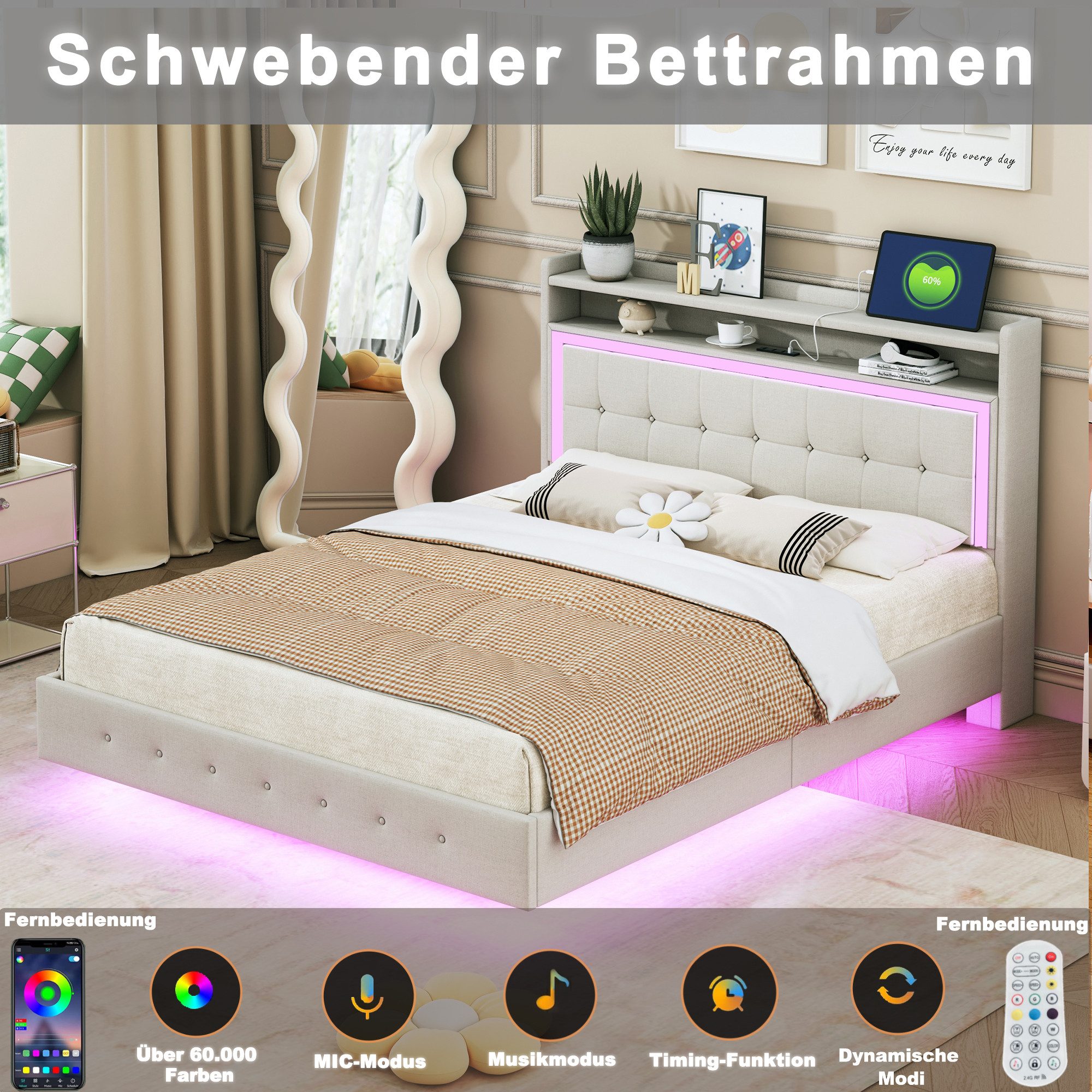STILVORA Polsterbett 140×200 Bettgestell mit Steckdose,LED-Licht,Jugendbett günstig online kaufen