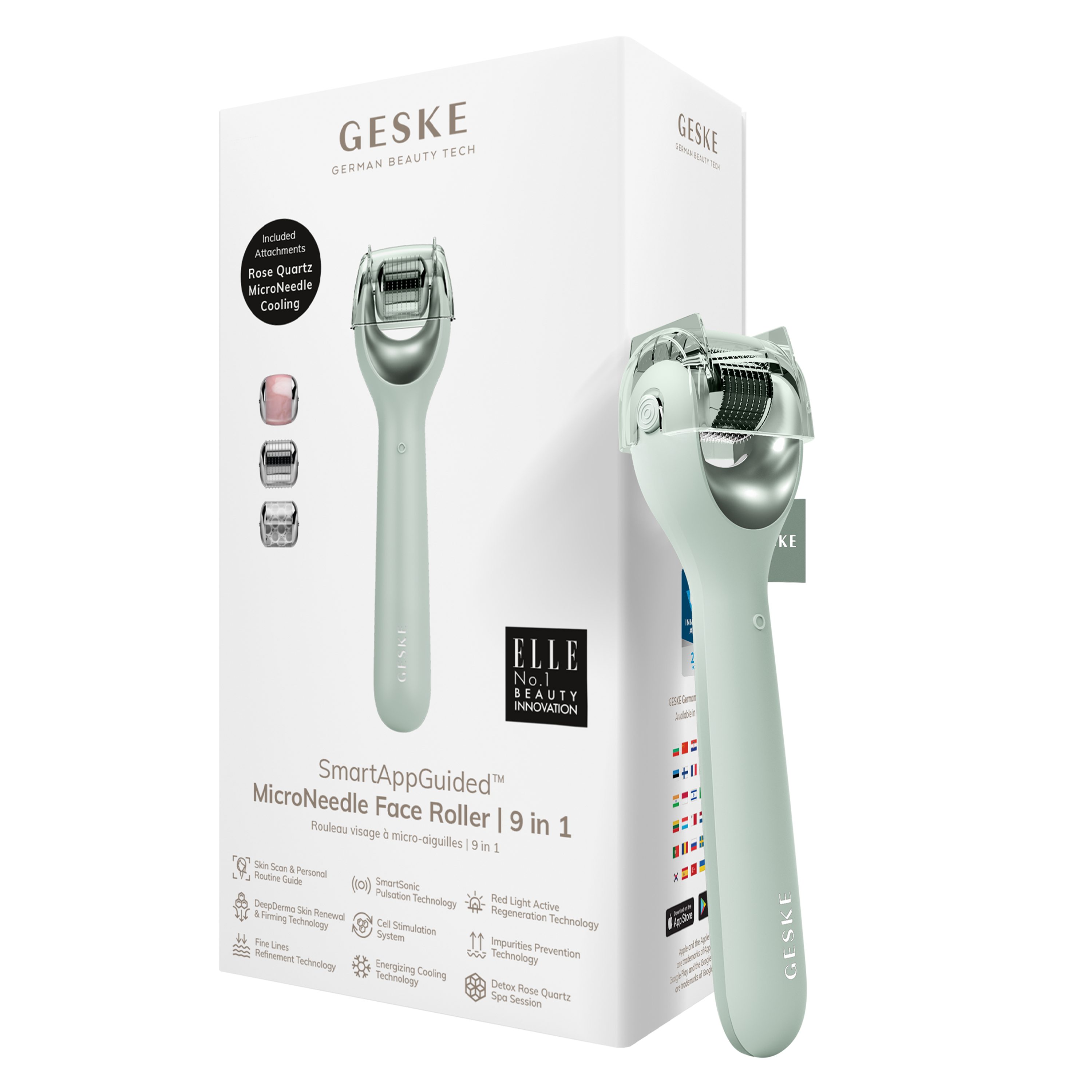 GESKE German Beauty Tech Micro-Needling SmartAppGuided™ MicroNeedle Face Roller 9 in 1, Packung (Gerät & USB-Ladekabel), 2-tlg., Gerät inkl. kostenloser APP (SmartAppGuided Device), Mit der GESKE App erhältst Du deine personalisierte Hautpflegeroutine. Green