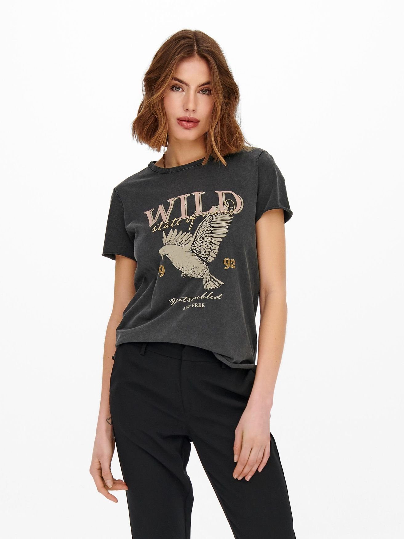 ONLY T-Shirt Bedrucktes T-Shirt Kurzarm Top mit Printed Schrift ONLLUCY 4752 in Schwarz-4