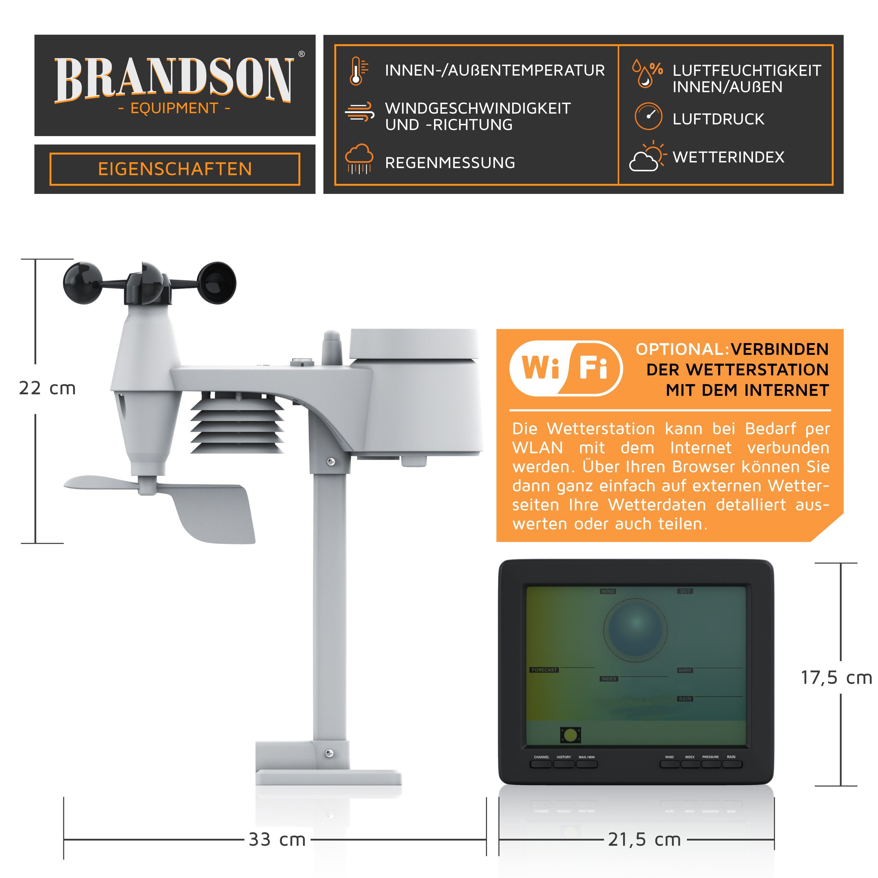 Brandson Profi Wlan Funkwetterstation mit Außen Messstation Wetterdaten per App Wetterstation (mit Außensensor, LCD Farbdispay, Innen und Außentemperatur, Windmesser, Regensensor)