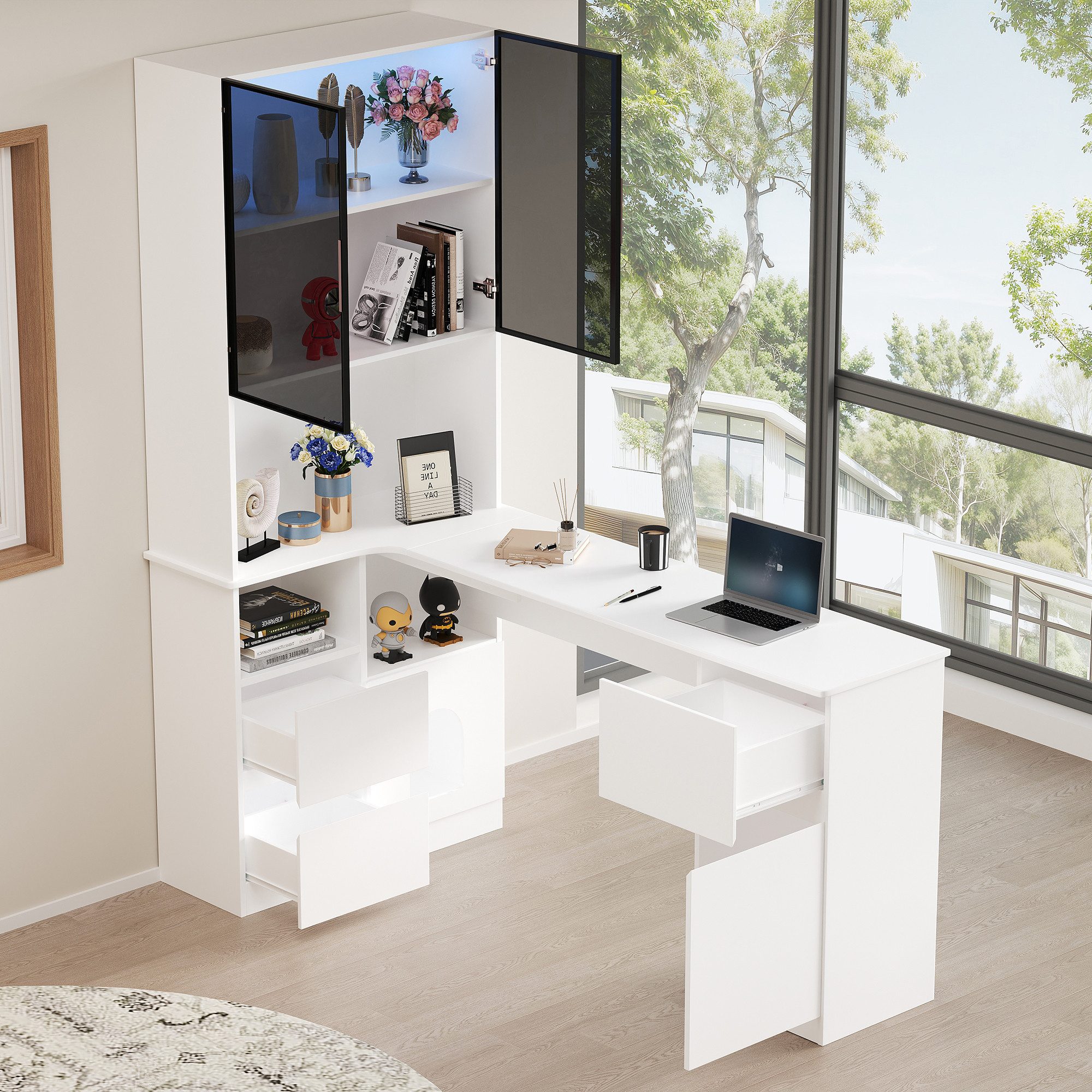 MODFU Hochschrank Eckschreibtisch mit LED-Vitrine (Ecktisch, Highboard, 1-St., 3 Schubladen, 4 Türen, offenen Fächern, Haustierfach) mit Kabeldurchlass, eingebautem Bücherregal