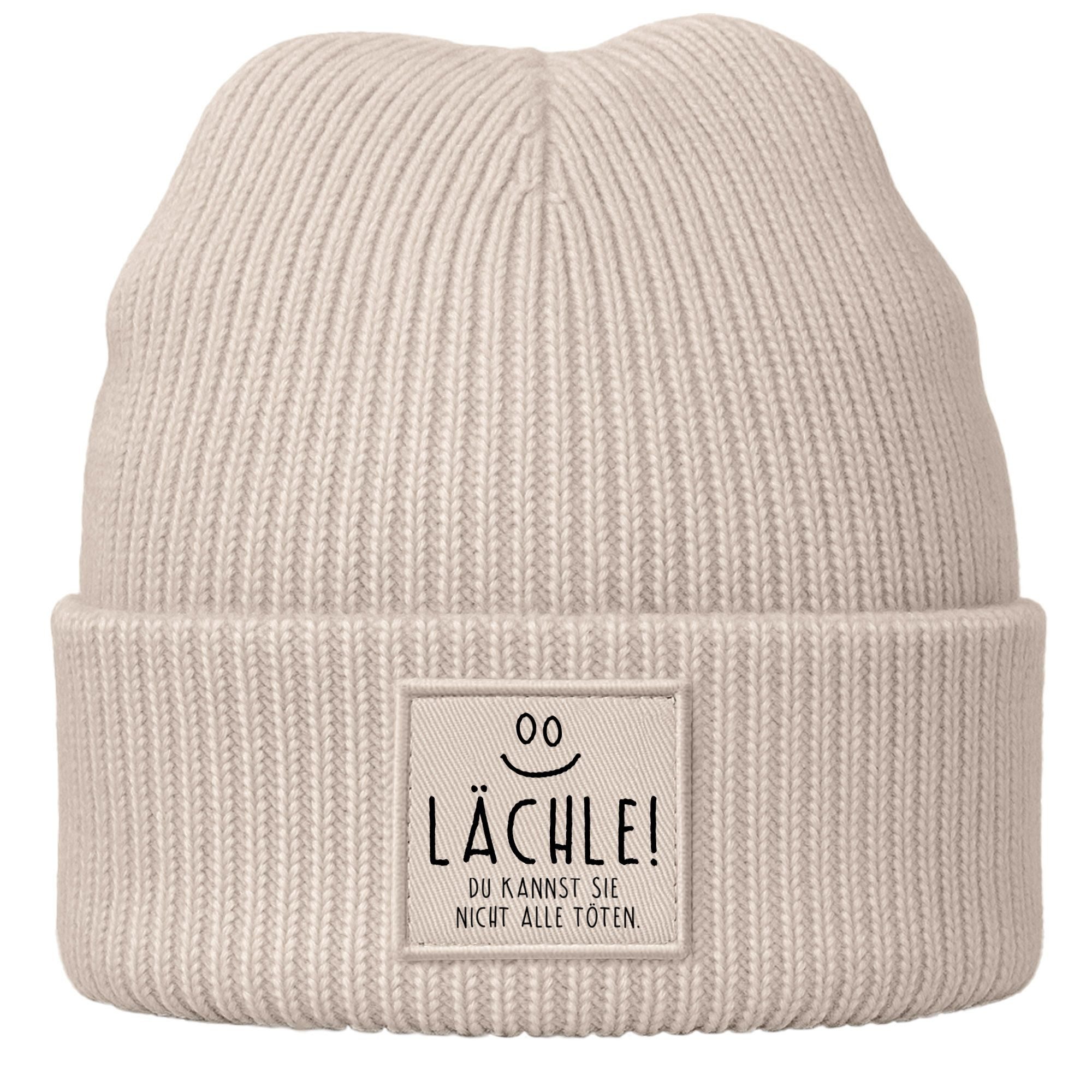 Beanie Damen Beanie mit Spruch Lächle Sarkasmus Ironie Statement Patch