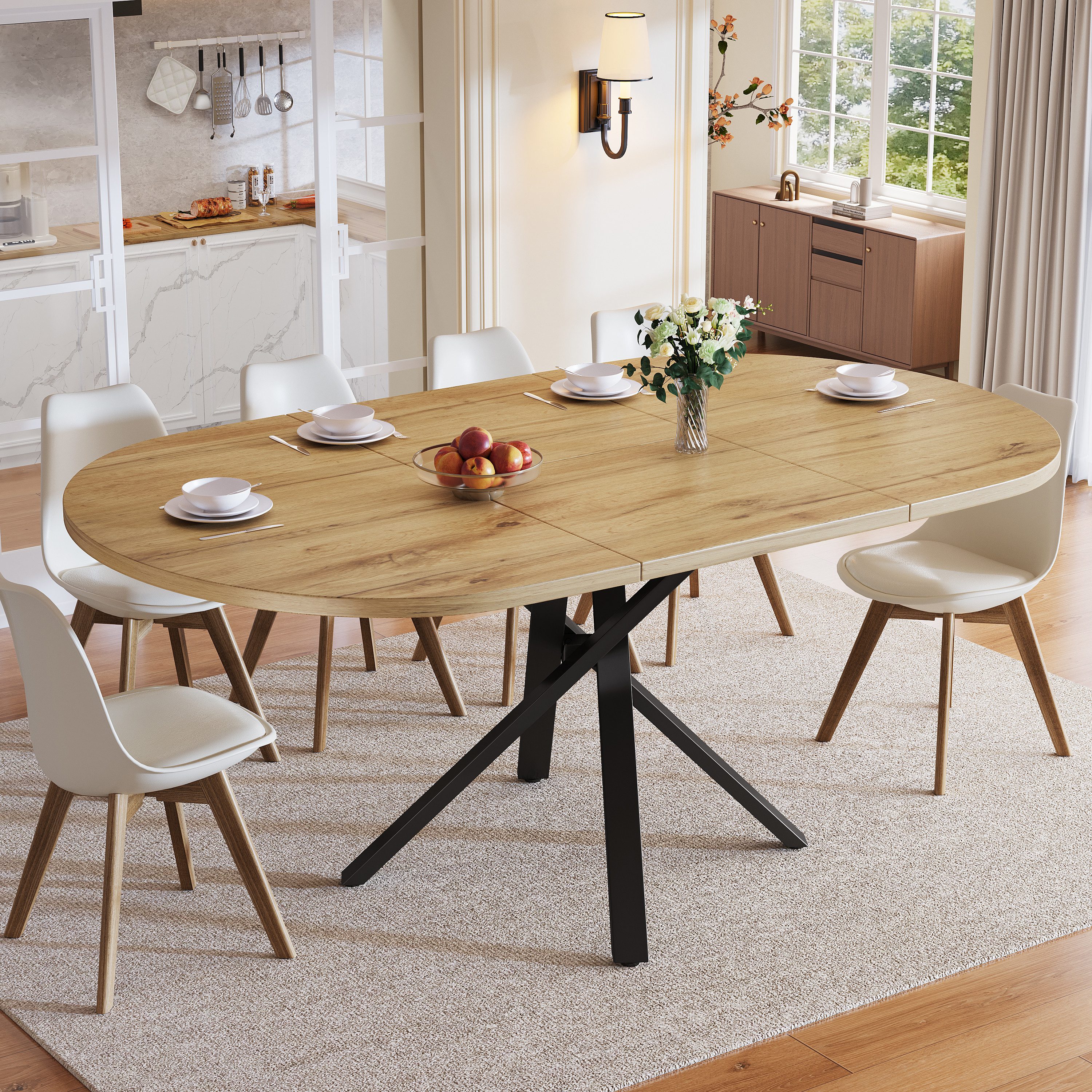 STILVORA Esstisch ausziehbar Rund-Oval Küchentisch mit Verstellbare Füße,in Holz-Optik (Esstisch, ausziehbar, rund-oval, Holzoptik, X-Metallgestell, 100–140 cm, Holzplatte, Metallrahmen, belastbar bis 60 kg), rund-oval wandelbar, Industriestil, verstellbare Füße
