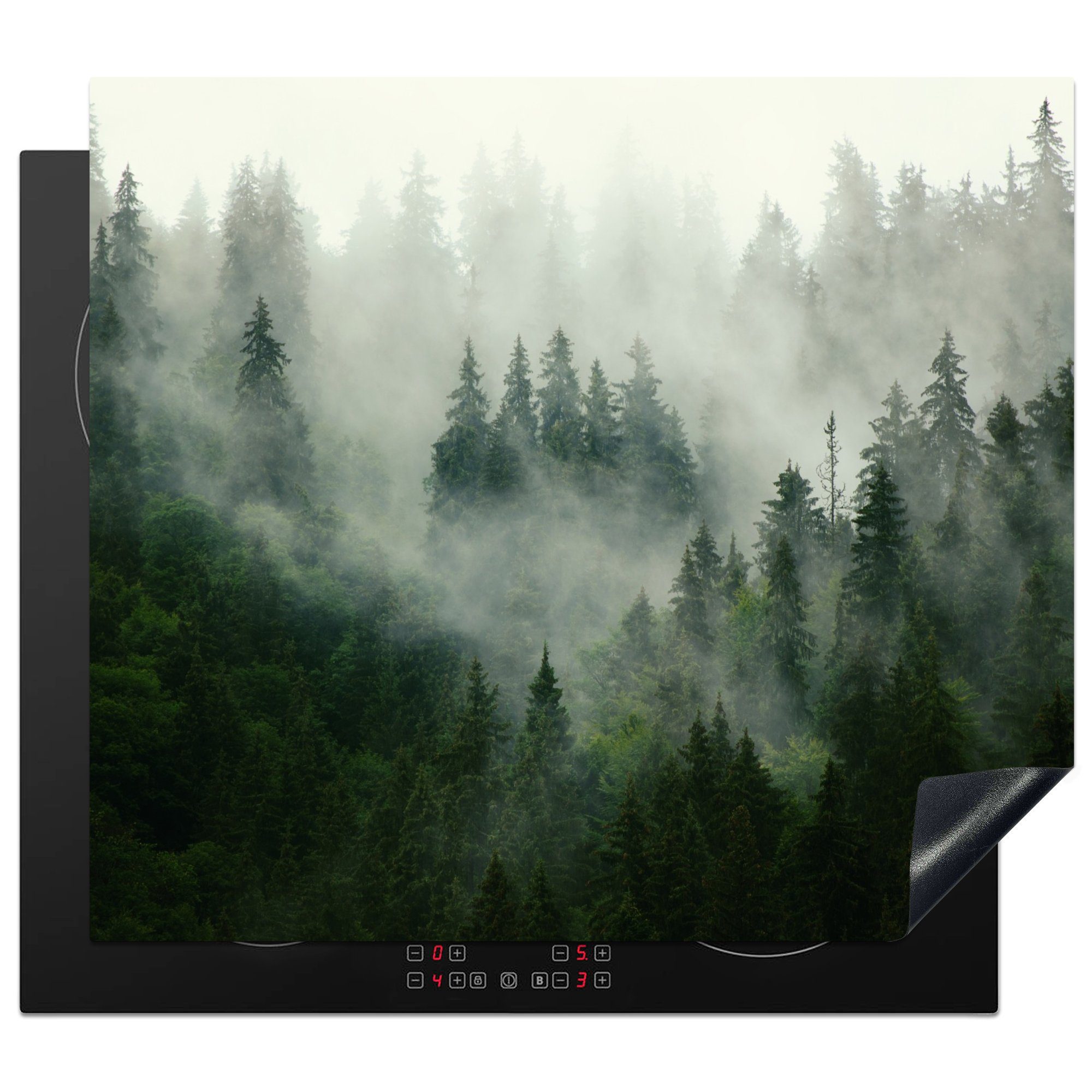 MuchoWow Herd-Abdeckplatte Wald - Nebel - Bäume - Natur, Vinyl, (1 tlg), Ceranfeldabdeckung Küche, Herdabdeckplatte Einteilig, 59x51 cm