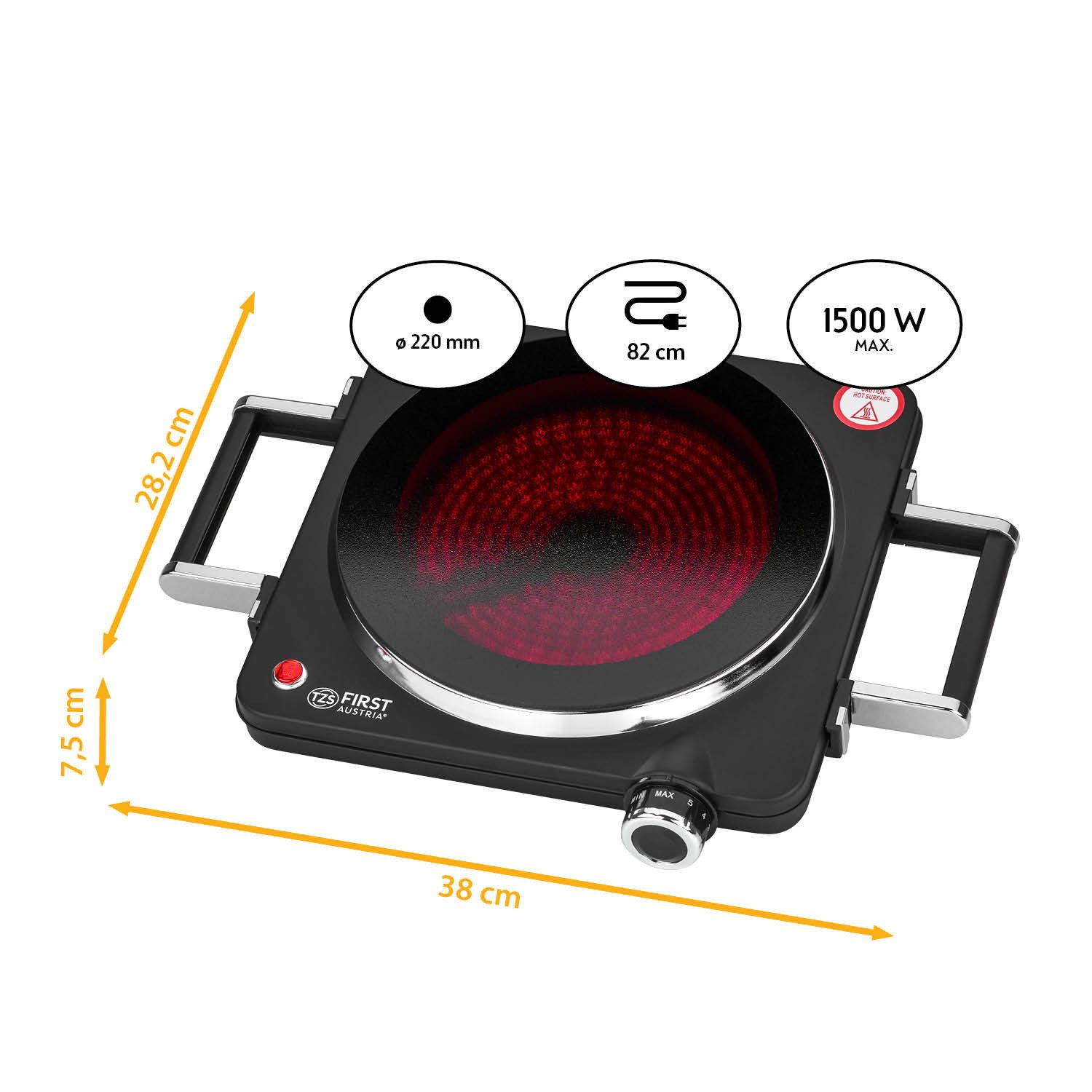 TZS FIRST AUSTRIA Einzelkochplatte Infrarot, mit Griffen, 1500W, Keramik, Temperaturregelung, Kochfeld Schwarz, Herdplatte für Camping
