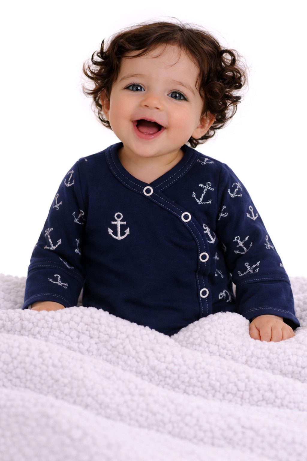 Wickelbody Baby Body Langarmbody mit Kratzschutz gemustert mir Anker in Blau