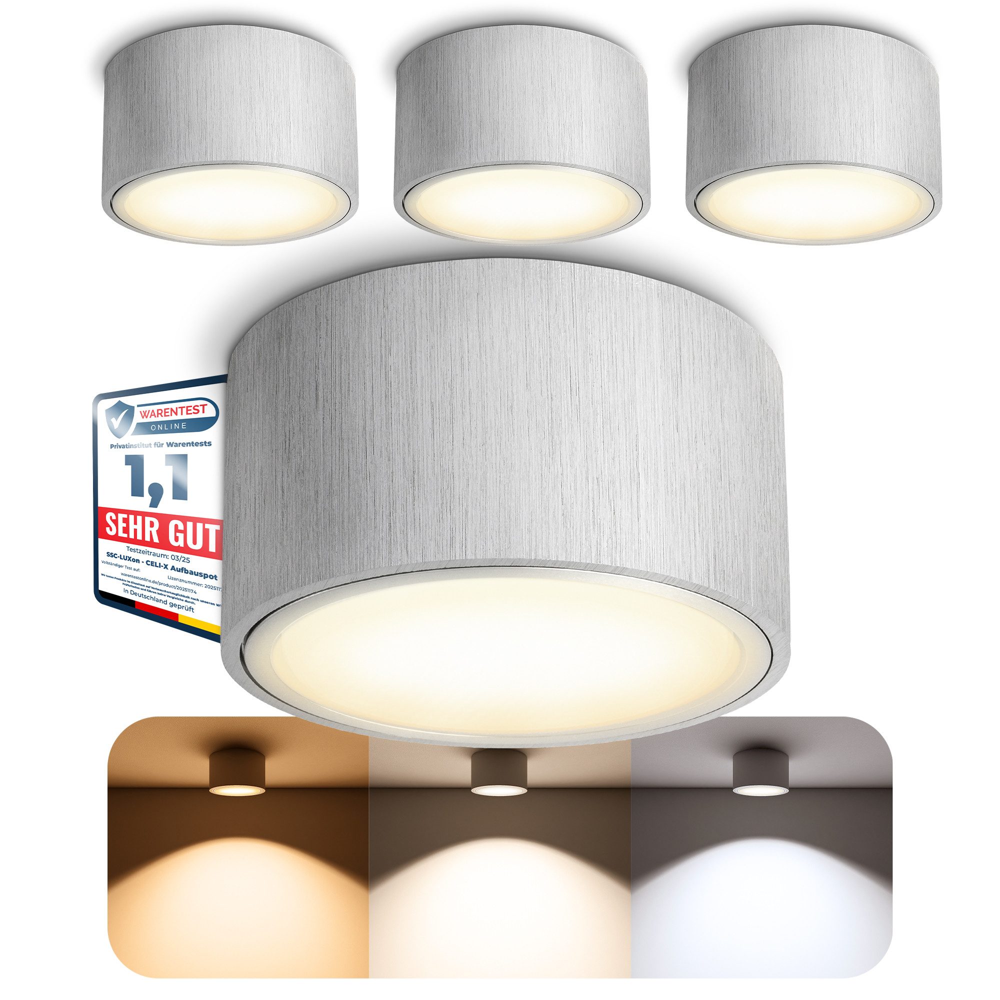 SSC-LUXon LED Aufbaustrahler CELI-X LED Aufbaustrahler Alu gebürstet Spot 3 Lichtfarben GX53 230V, Warmweiß bis Tageslicht