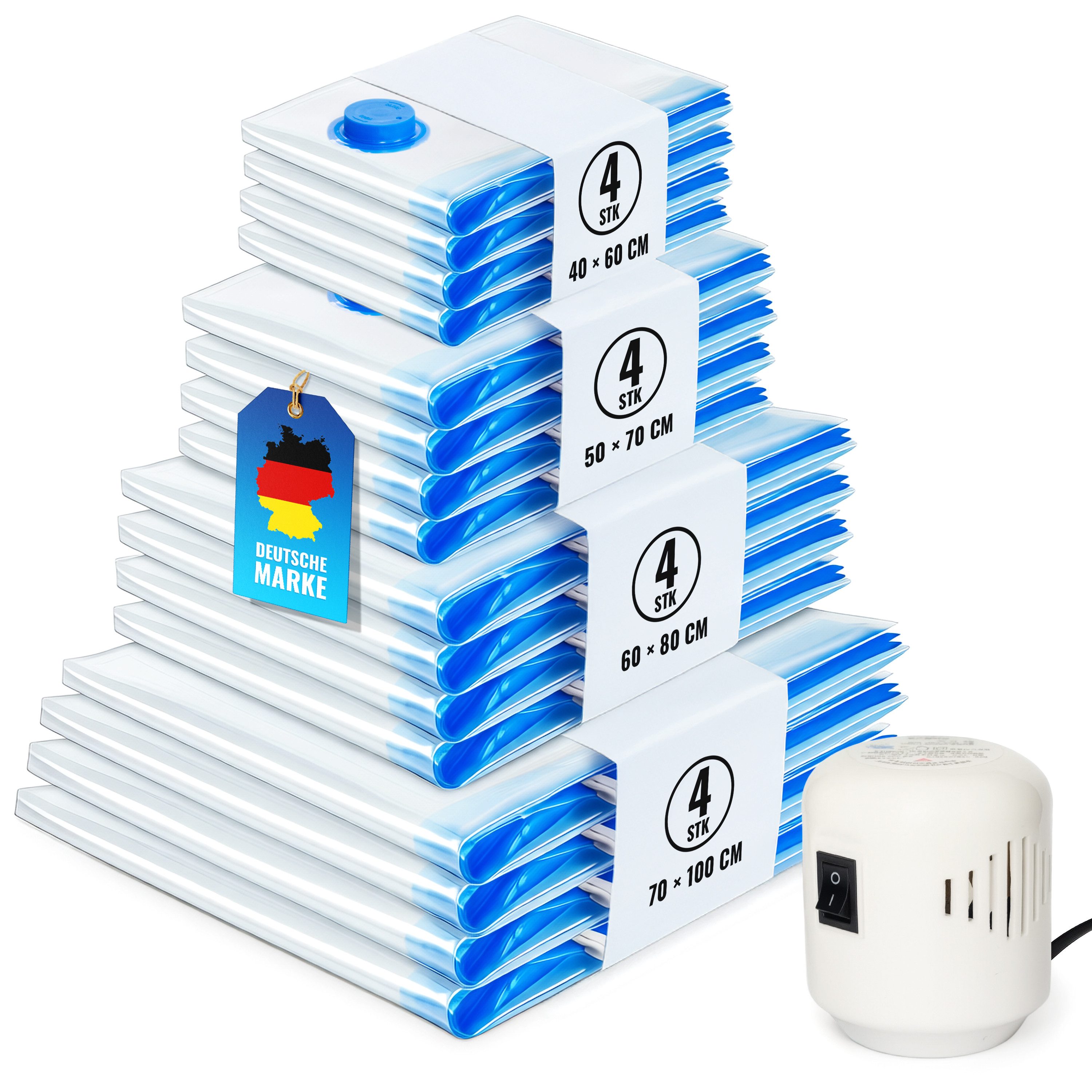 Allyson Vakuumbehälter Vakuumierbeutel für Kleidung mit Pumpe – platzsparend & luftdicht, (Komplett-Set, 1x Elektrische Saugpumpe, 1x Bedienungsanleitung, 16x Vakuumbeutel), 16 Stück Inkl. elektrischer Pumpe und 4 verschiedenen Beutelgrößen