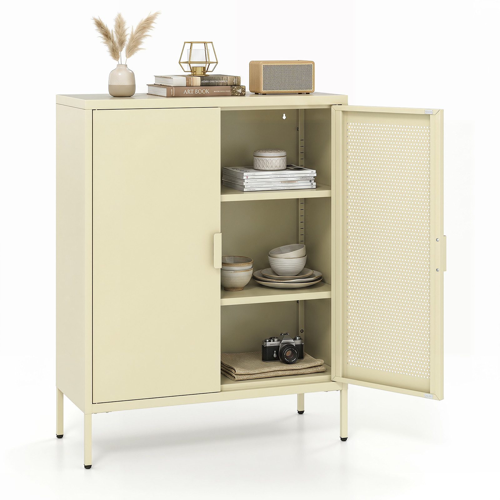 COSTWAY Sideboard Küche, Wohnzimmer, mit magnetischer Tür Buffetschrank Metall, Flurschrank