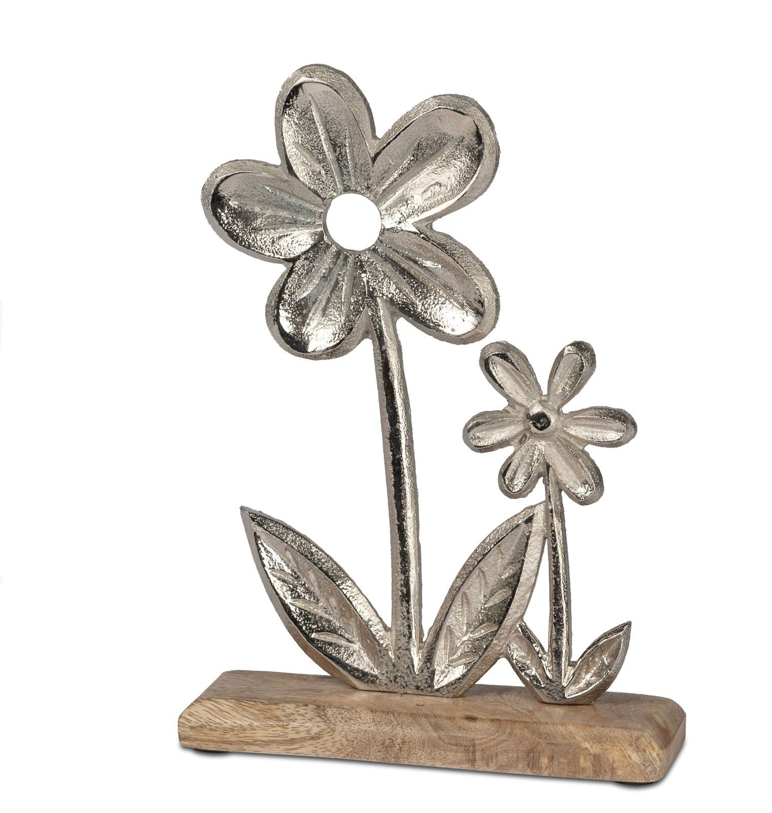 Dekofigur Deko Blume Aluminium Mangoholz Sockel 16x11cm Silber Dekoaufsteller