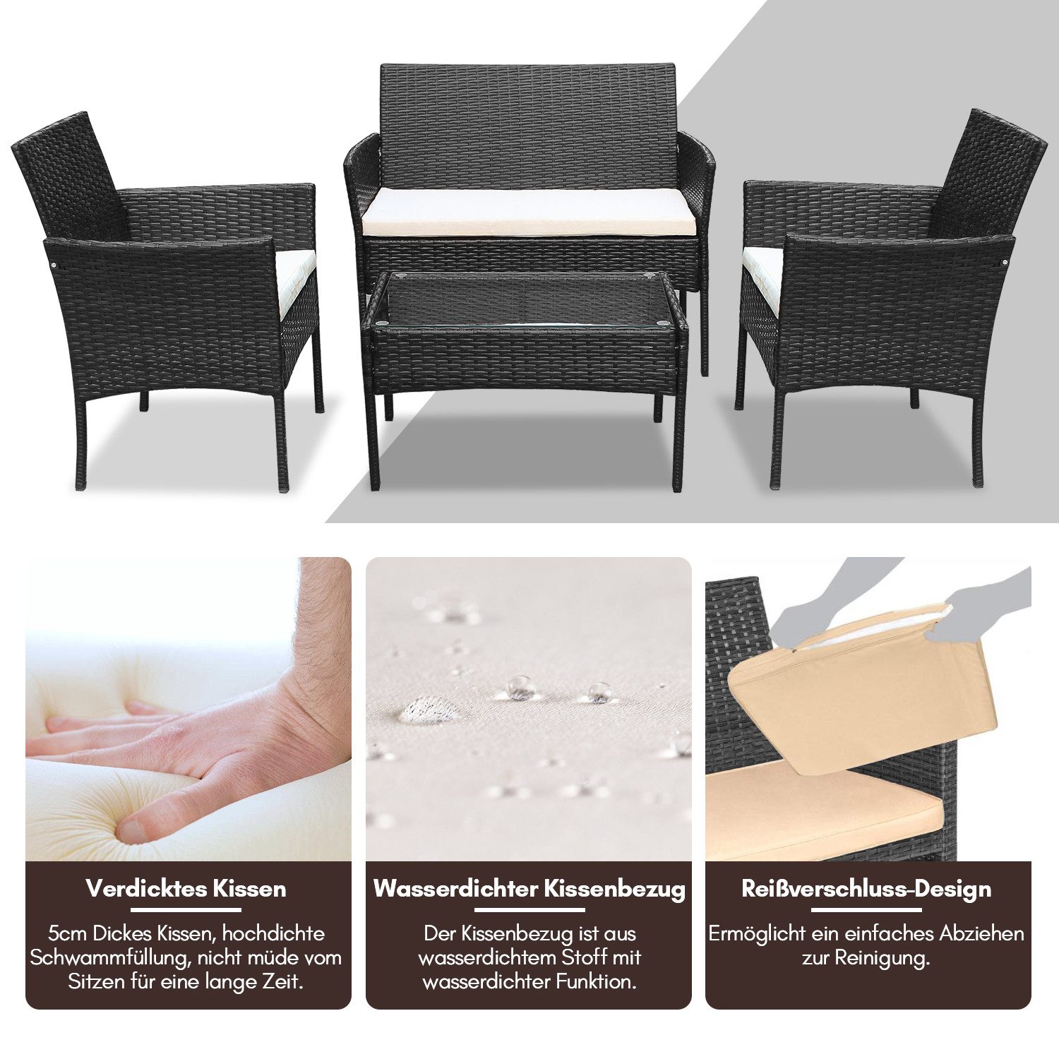 Clanmacy Gartenlounge-Set 4-tlg Wetterfeste Polyrattan Sitzgruppe für 4 Personen Schwarz, (4-tlg) – Bild 5 von 5