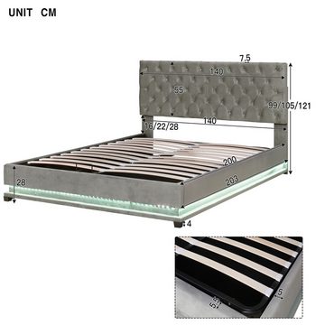 DOPWii Stauraumbett 140x200cm Doppelbett mit Hydraulisch,Bettkasten & Lattenrost-Bezug, Mehrere Farb-LEDs,Verstellbares Kopfteil,Beige/Grau,Stauraumbett