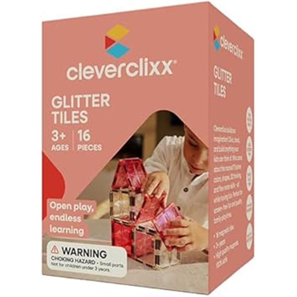 Cleverclixx Cleverclixx Glitter Tiles Pack Transparent Rosa 16 Teile Magnetspielbausteine, langlebiges Magnetspielzeug, robuste Bauweise, erweiterbare Sets