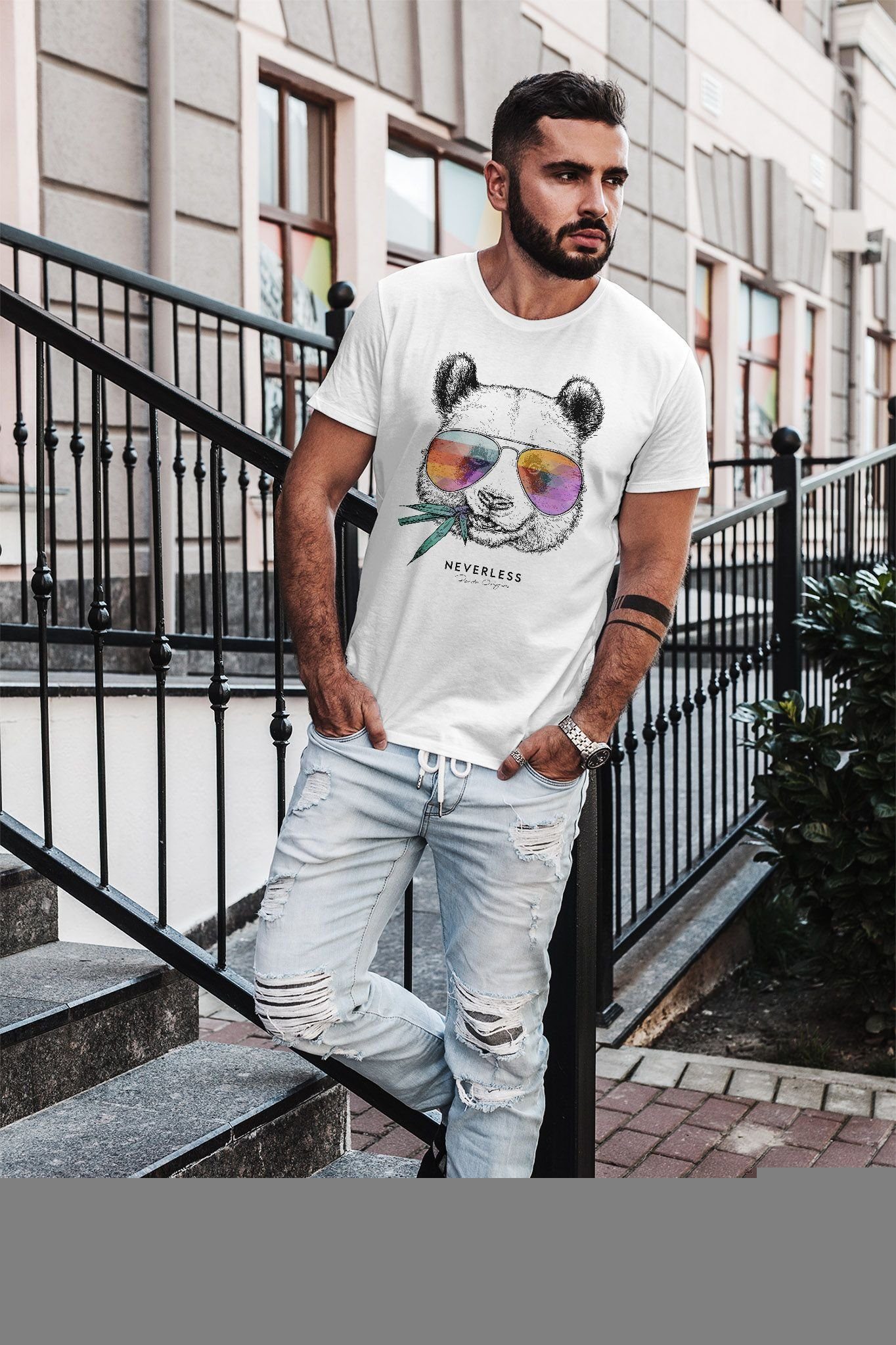 Panda Print Bär Streetstyle Print-Shirt T-Shirt Neverless Herren Fashion Sonnenbrille mit Neverless® Aufdruck Tiermotiv mit