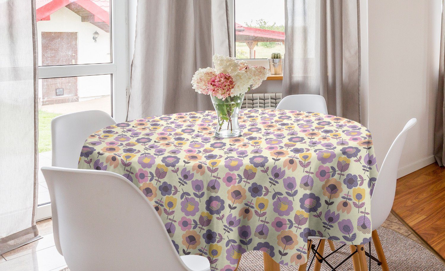 Abakuhaus Tischdecke Kreis Tischdecke Abdeckung für Esszimmer Küche Dekoration, Frühling Grafik Tulip und Daisy