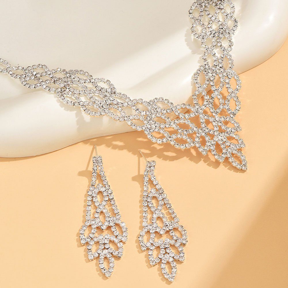 AUzzO~ Silber Hochzeits Halskette,Ohrringe Damenschmuck Schmuckset Strass-Set Schmuckset