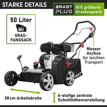 BRAST Benzin-Vertikutierer 3,6kW (4,9PS) 4 Takt-Markenmotor, 38,00 cm Arbeitsbreite, (50L Fangkorb), Für Rasenflächen bis 1200m2