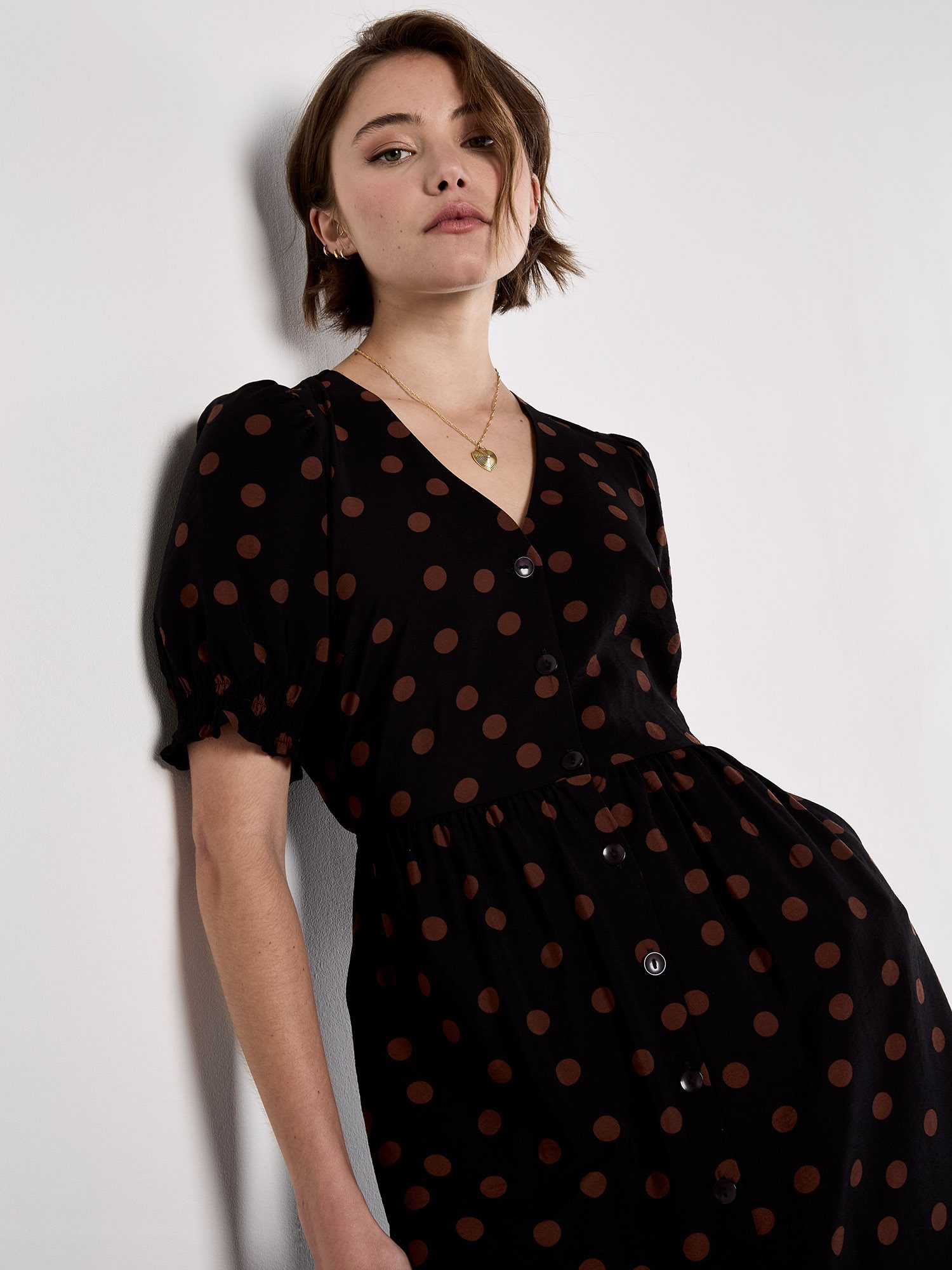 Apricot Midikleid Punktekleid mit durchgehender Knopfleiste günstig online kaufen