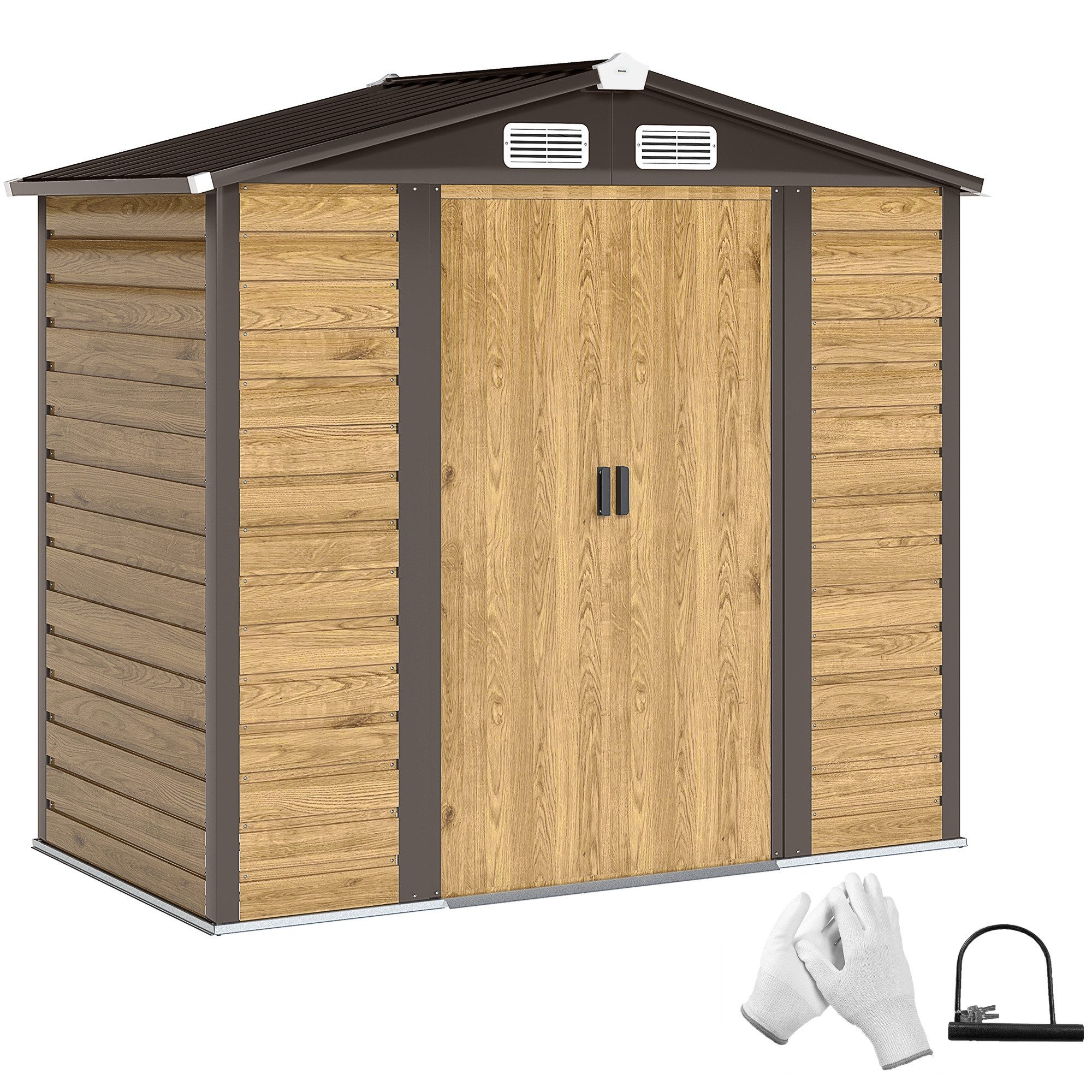 MC Star Gerätehaus Gartenhaus 2,36 m², einfach zu montierende Gartenhütte, (aus verzinktem Stahl, 213 x 120 x 194 cm, Eiche)