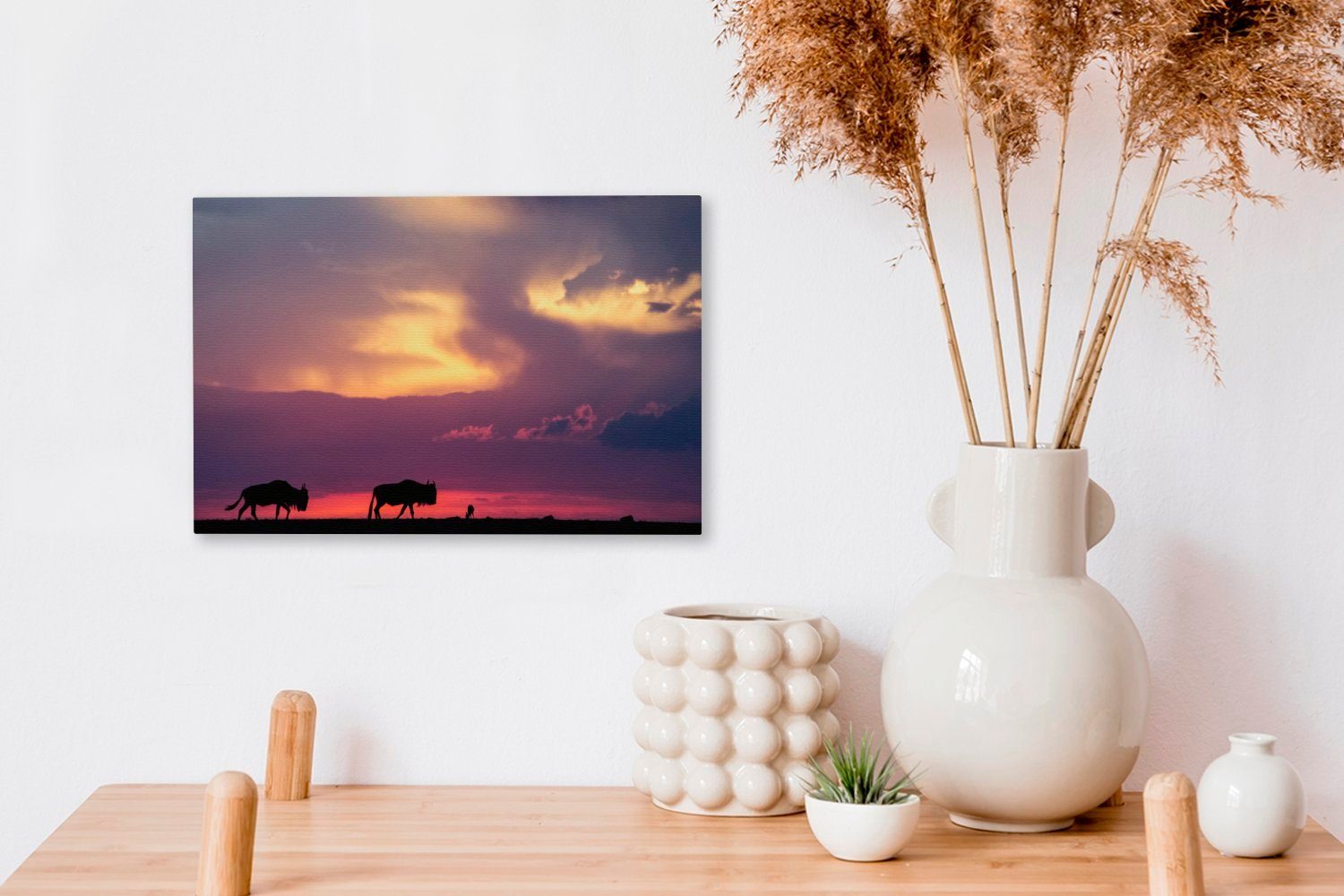 cm Leinwandbild 30x20 Wanddeko, Wandbild mit Gnus, zwei Silhouetten Sonnenuntergang OneMillionCanvasses® (1 St), Leinwandbilder, eines Aufhängefertig,