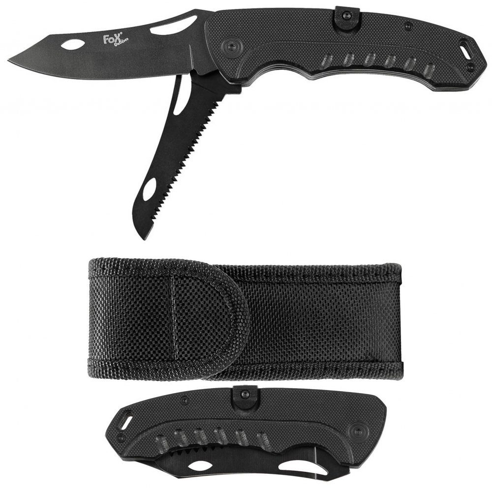 FoxOutdoor Taschenmesser Klappmesser, 2 in 1, schwarz, G10-Griff, (Set), ergonomisch geformter Griff mit G10-Griffschalen