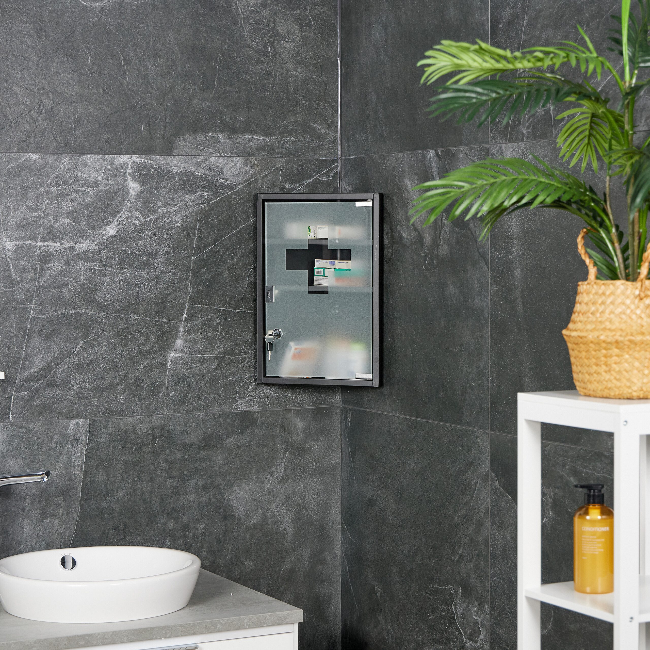 relaxdays Medizinschrank mit Glastür schwarz günstig online kaufen