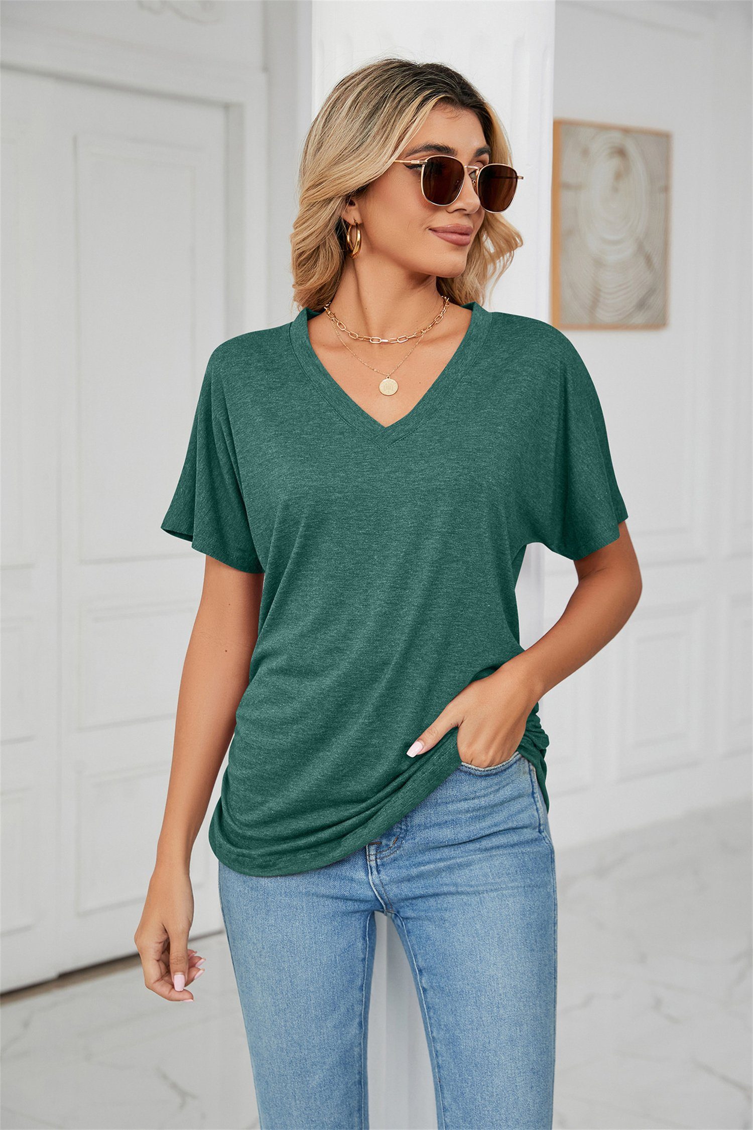 V-Ausschnitt, Grün kurzärmelig, Damen-T-Shirt, carefully selected Sommer-Basic-Bluse V-Shirt