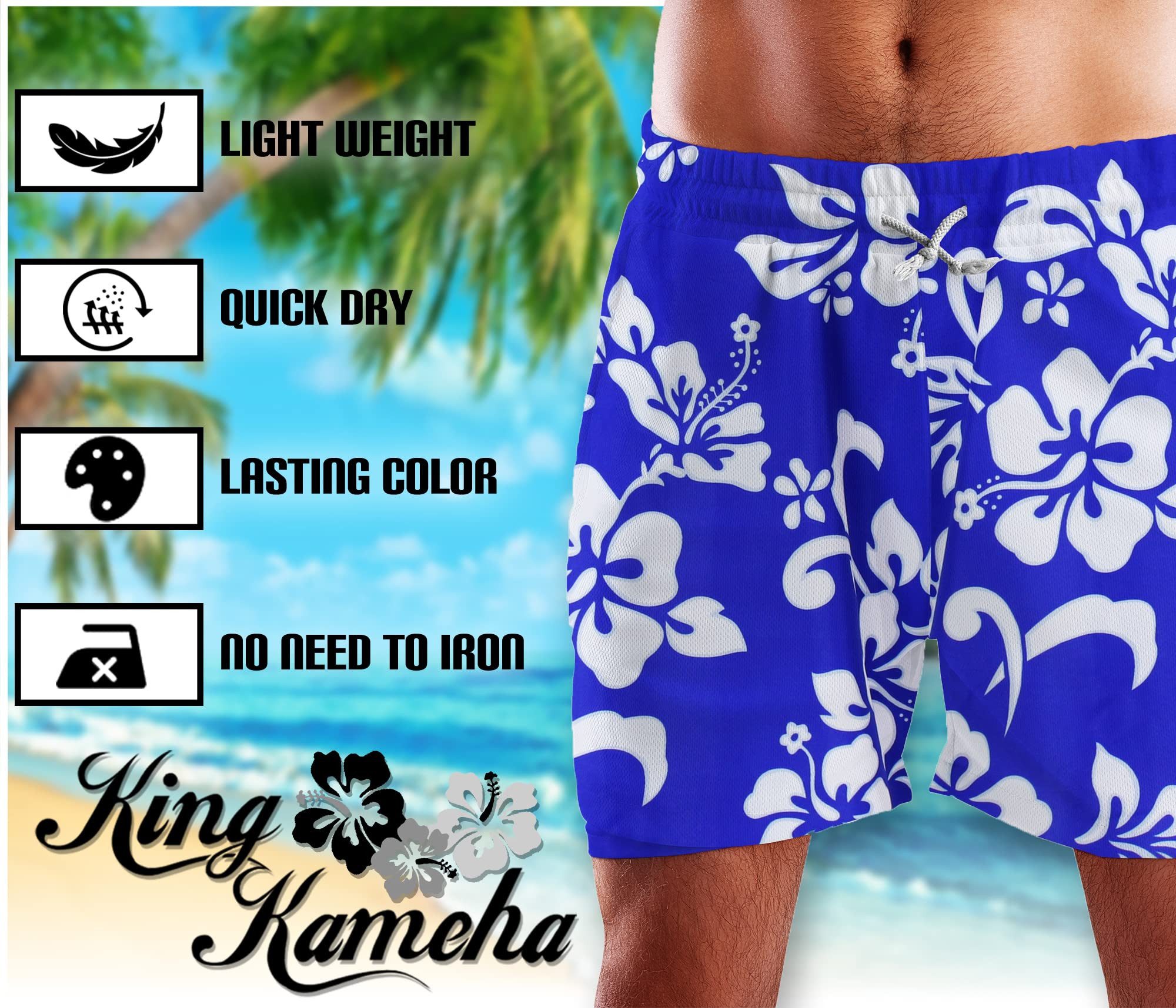 King Kameha Badeshorts Hibiscus Funky Hawaii Bade-Shorts Mesh-Einsatz Verschluss Kordelzug Mit integriertem Mesh-Innenslip für extra Komfort – Bild 2 von 3